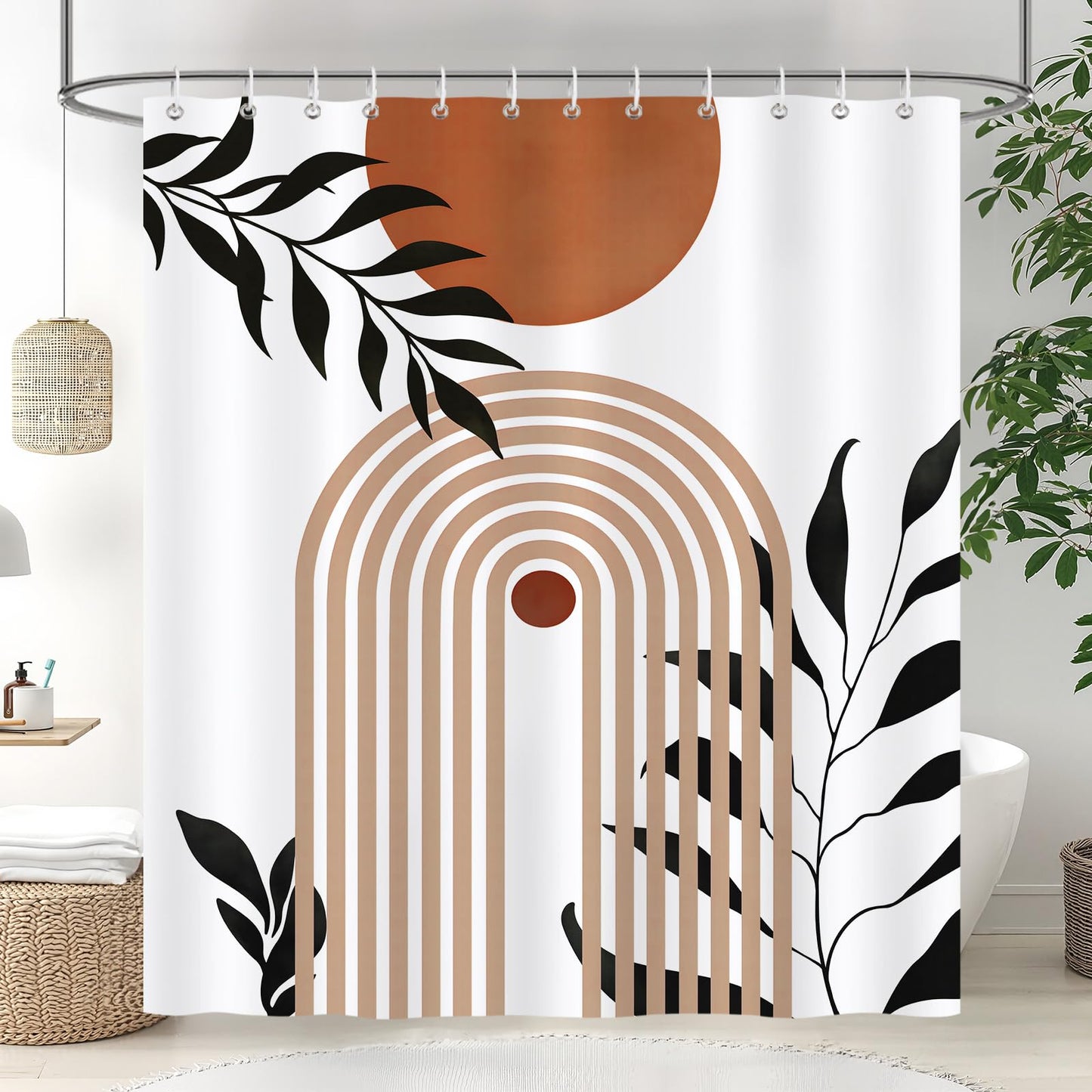 COZZSNUGE Modern Boho Shower Curtain, Orange Abstract Mid Century Sun Arch Leaf Bathroom Curtain 183 x 183 cm, Water Repellent Mildew Resistant