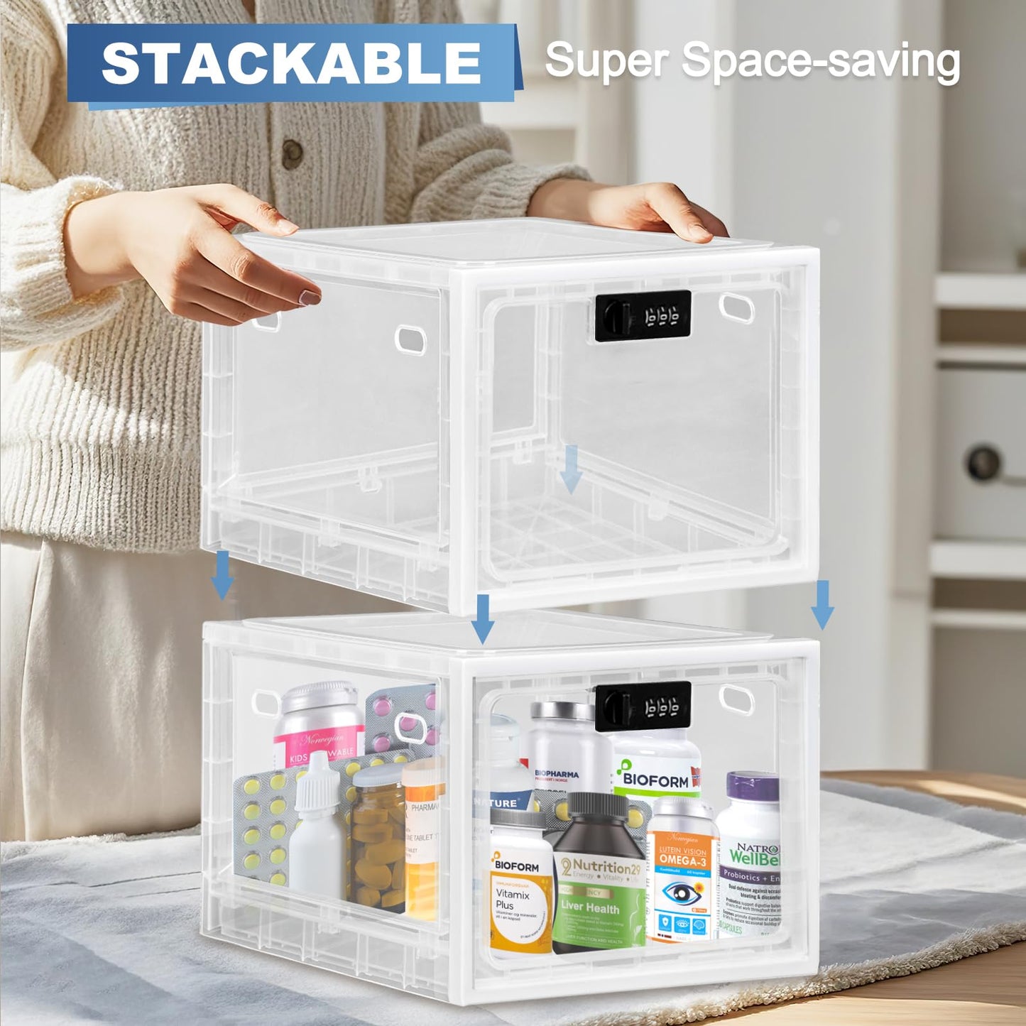 Gemaxvoled Lockable Medicine Box, Clear Medicine Storage Box, Premium Material Lockable Storage Bin Organiser Box for Fridge Food/Snacks/Phone/Tablet
