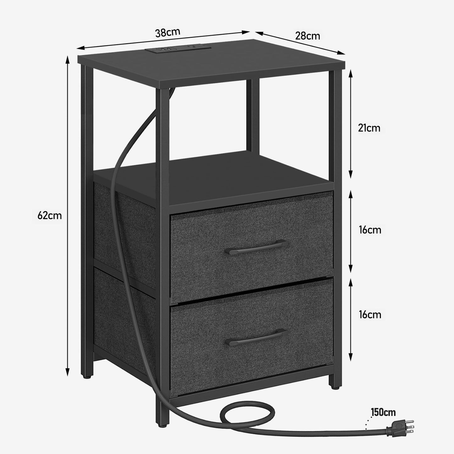 TUTOTAK Bedside Table with Charging Station, Side Table with 2 USB Ports and Outlets, Nightstand with Cloth Drawer, Set of 2, End Table