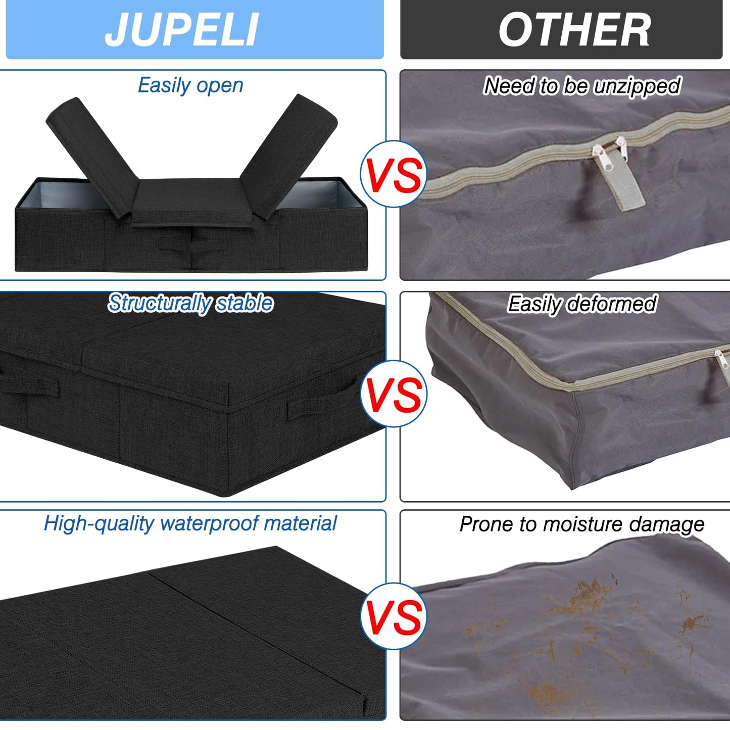 JUPELI Under Bed Storage Box with Lid, 2 Pack Large Underbed Storage Boxes, Foldable Black Under Bed Clothes Storage Box W/Handle, Under Bed Storage