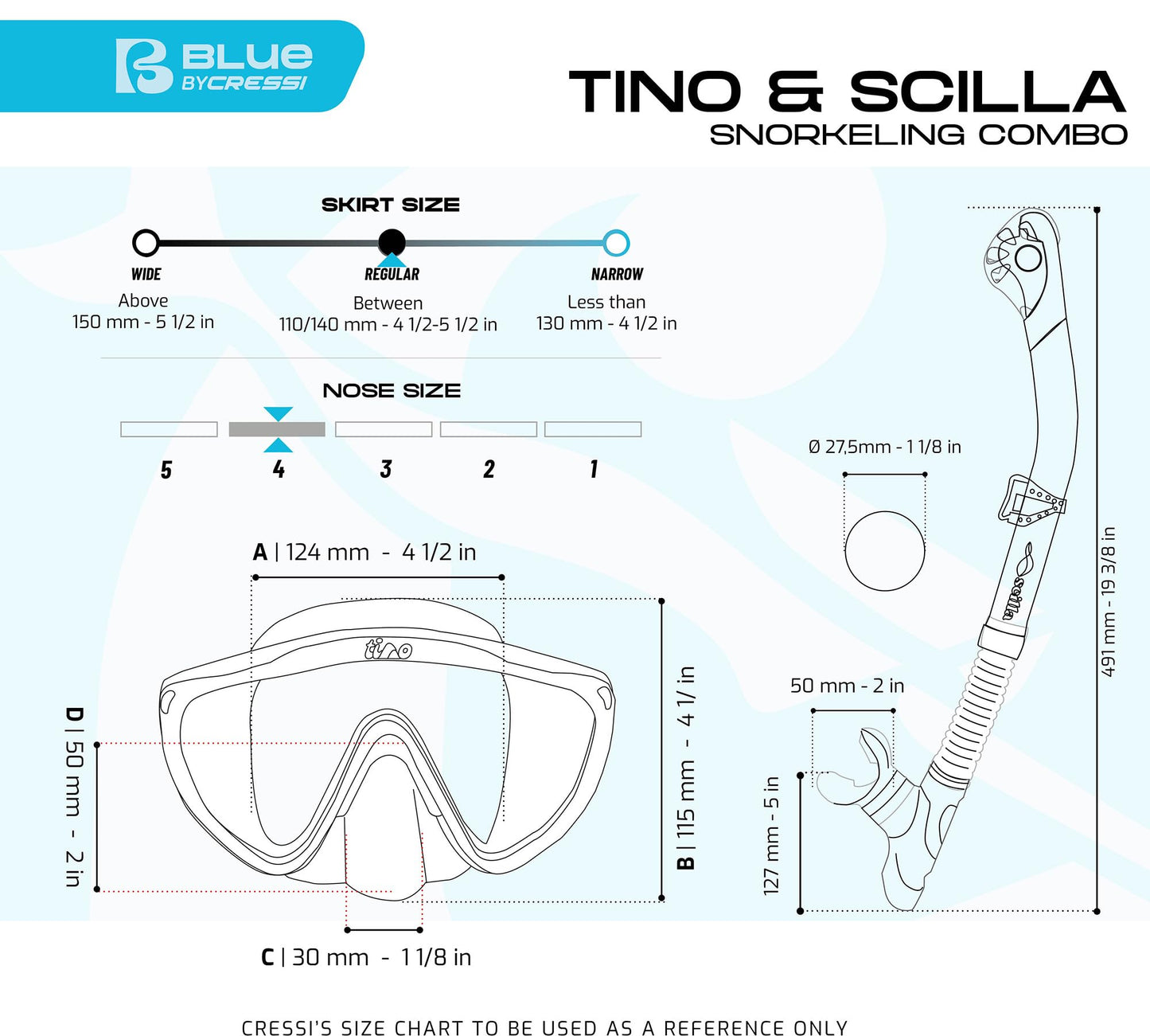 CRESSI Tino & Scilla Clear/Blue Navy - Adult Combo Set Tino Snorkeling Mask and Snorkel Scilla, Clear/Blue Navy, One Size