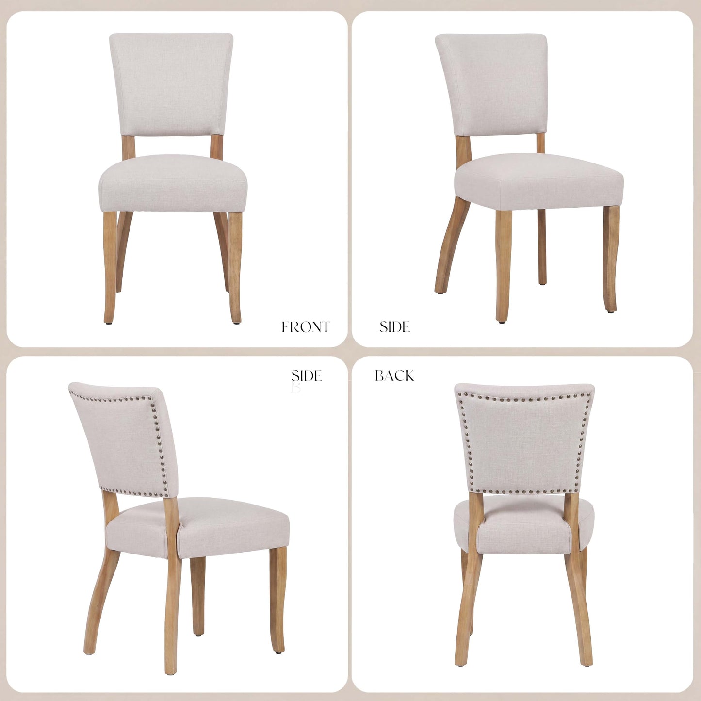 younturn Wooden Dining Chairs Set of 2, Linen Fabric Upholstered Dining Room Chairs with Solid Wood Legs, Open Curved Backrest