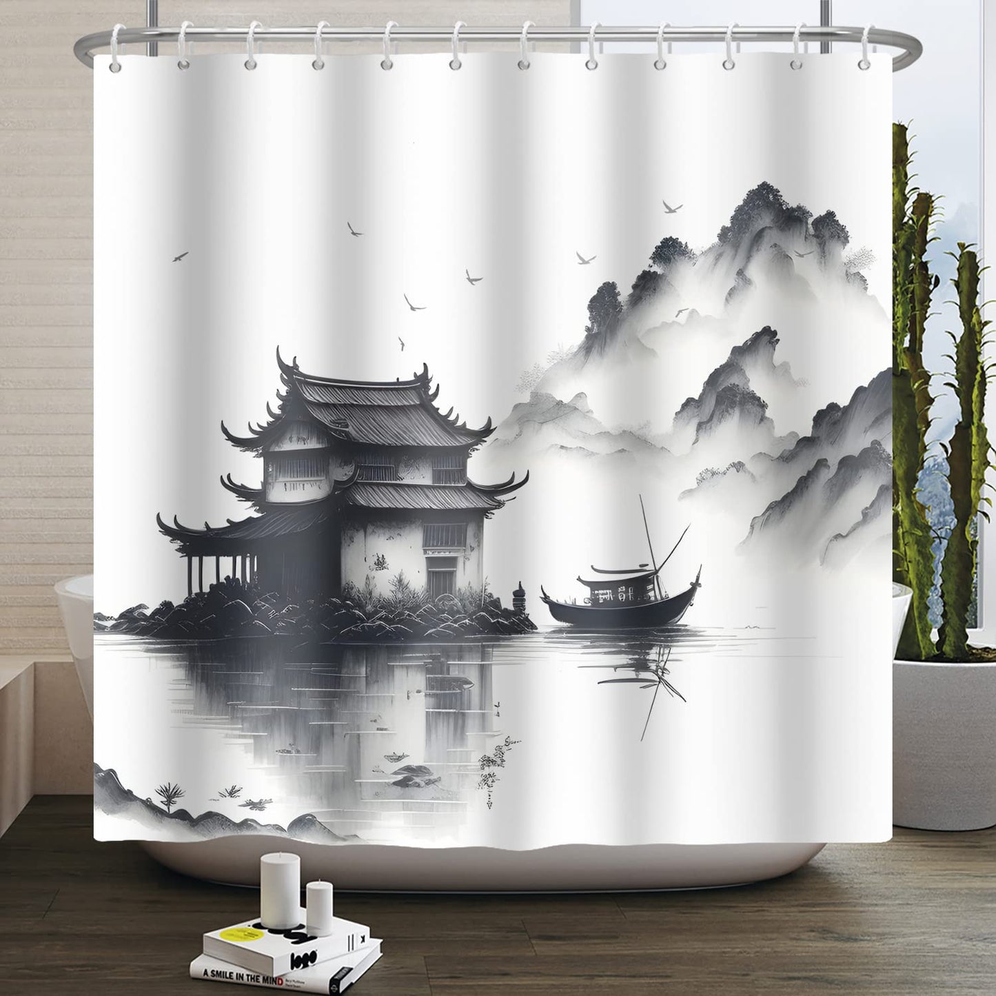 SDOTPMT 180x180cm Lake Mountain Shower Curtain Smokey Mountain Boat Wild Nature Bathtub Countryside Scenery Photo Artwork Bath Curtain for Bathroom