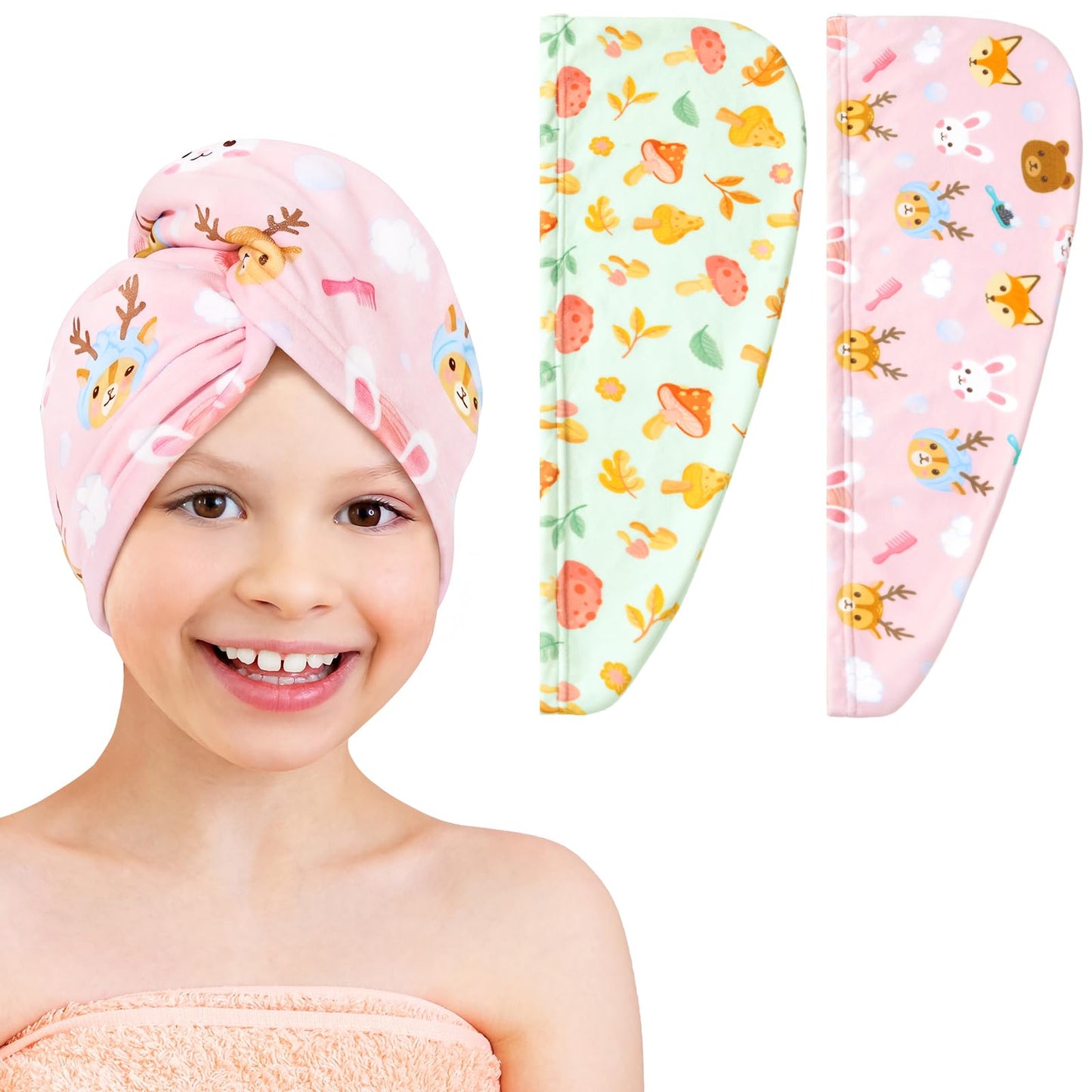 WAWSAM 2 Pack Kids Hair Towel Wrap for Girls, Microfibre Hair Turban Towel Fast Drying, Hair Towel Wrap with Elastic Strap for Long Hair