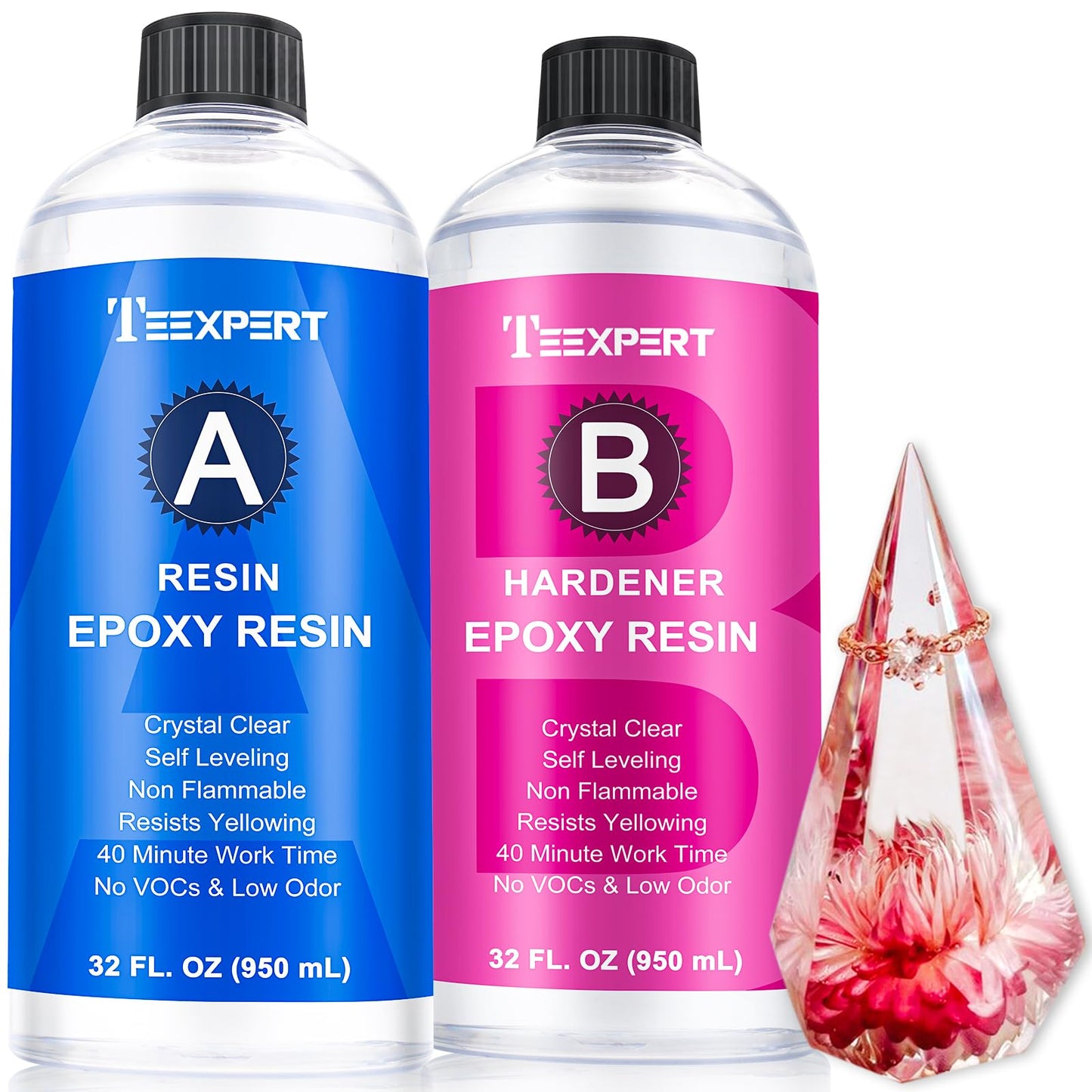 Teexpert Crystal Clear Epoxy Kit - 64oz Clear Coating & Casting Art Resin, 1:1 Epoxy and Hardener for Jewelry, Wood Coaster Tray