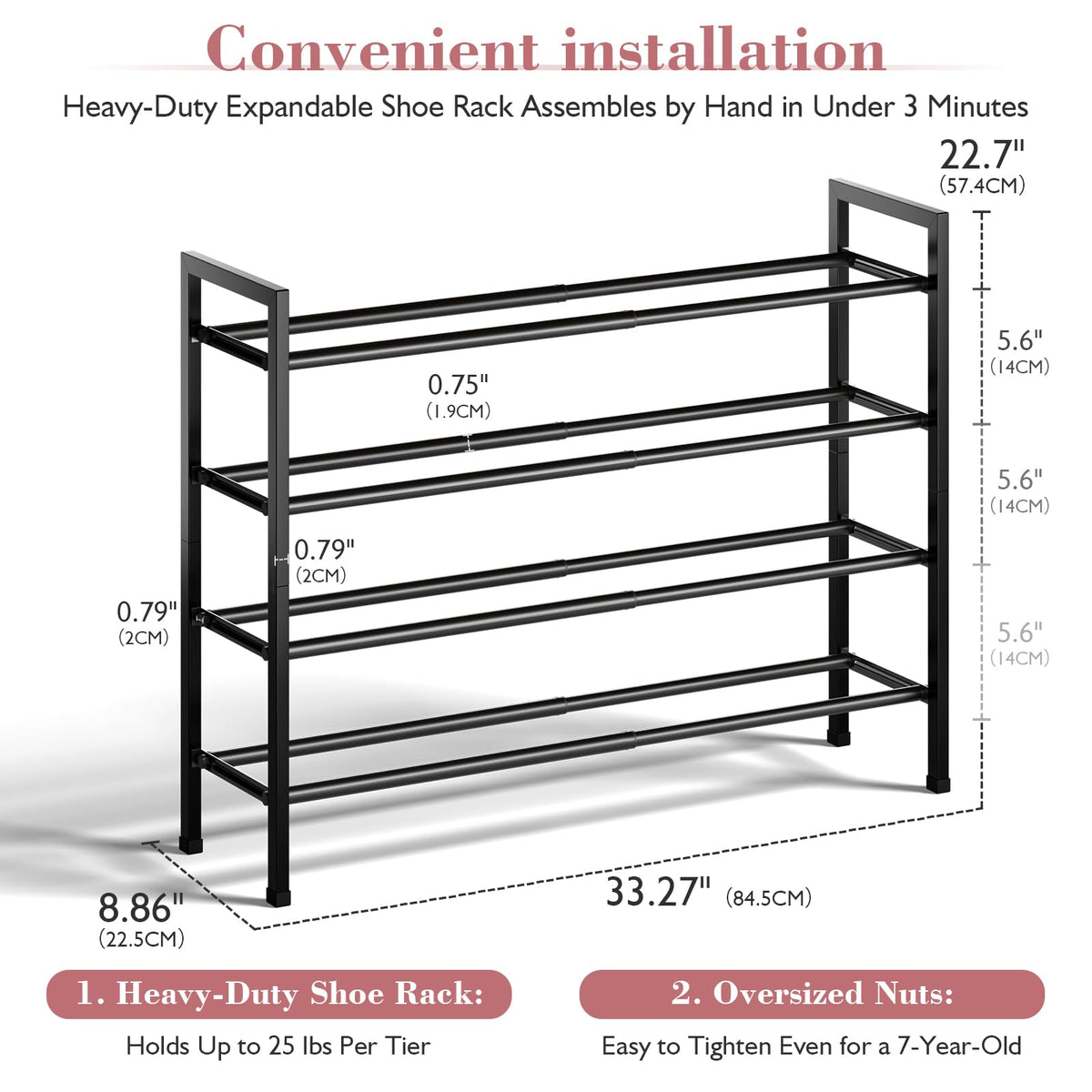 Bumusty 4 Tier Expandable Shoe Rack, Black