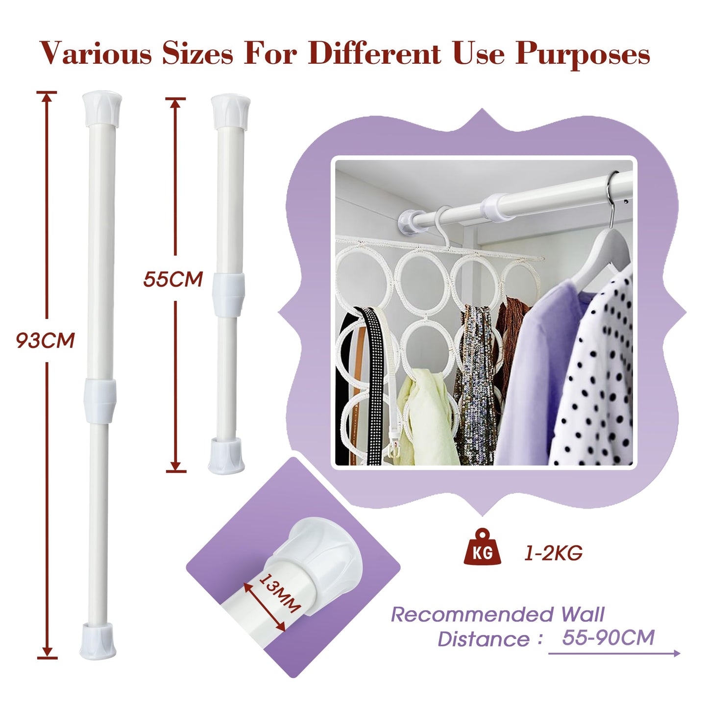 Extendable Curtain Pole Telescopic Curtain Rod Tension Pole,Length 55-90cm