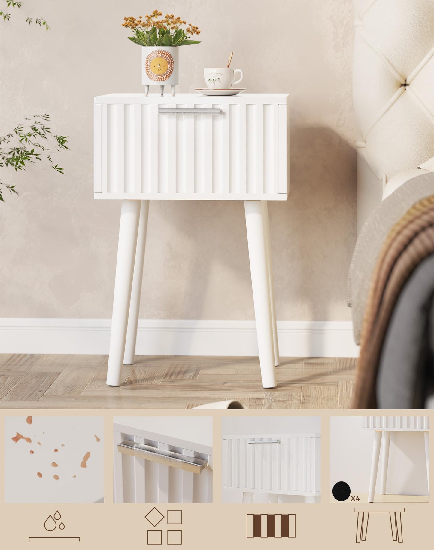 YMYNY Fluted Nightstand Set of 2, Small End Table, Modern Coffee Table with Drawer, Solid Wood Legs, Retaining Chain, 35x27x53cm