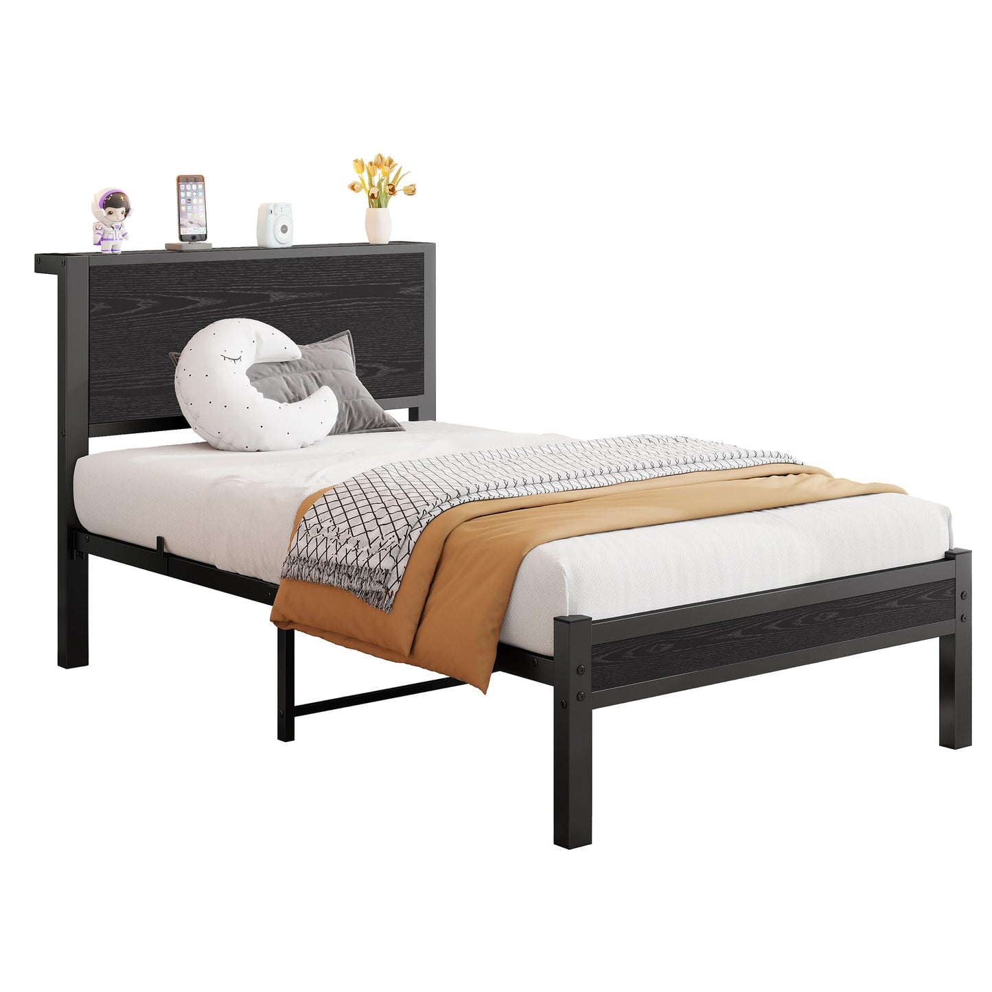 Rustic Single Bed Frame Wooden Storage Headboard Heavy Metal Base,Black