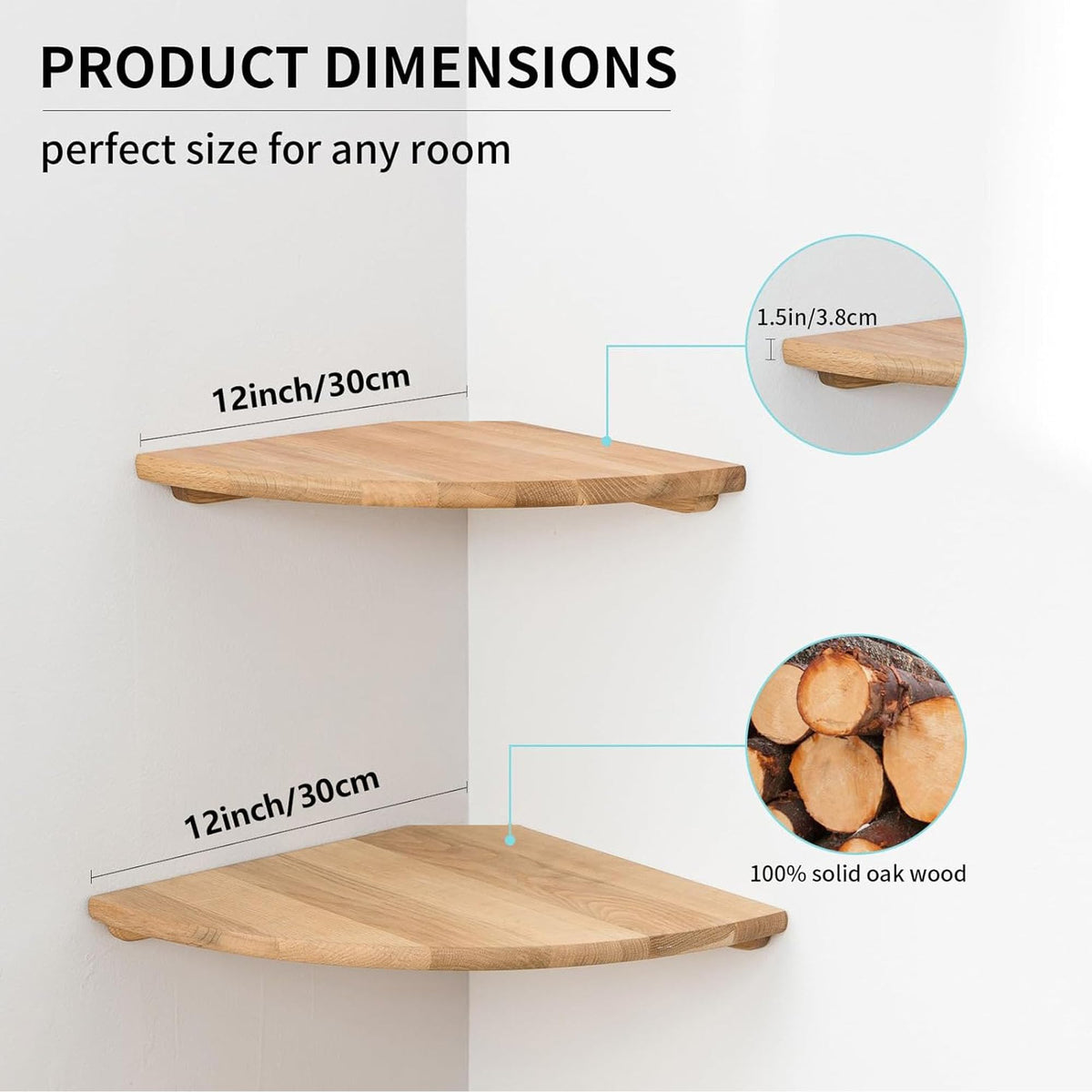 GIEANOO Corner Shelves, Solid Oak Wood Set of 2 12inch Floating Corner Shelves Wall Mount Round End Floating Speaker Shelf With Wire Hole Shelf for