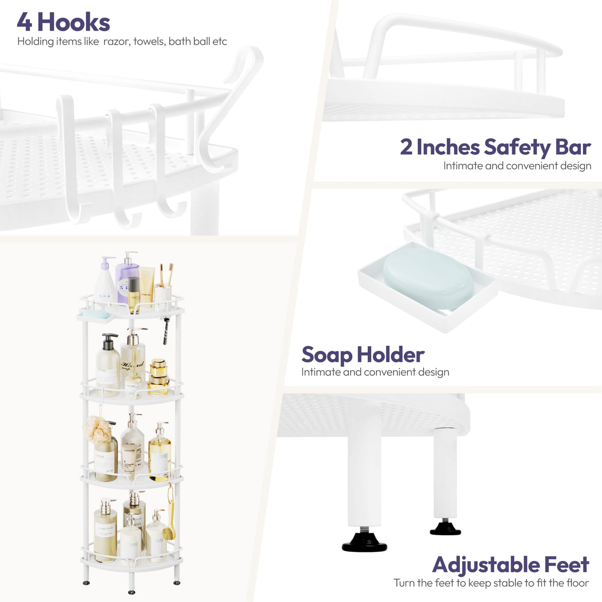 SWTYMIKI Corner Shower Caddy - 4 tier Bathroom Shelf Shower Organizer Corner with 4 Hooks, Rust Free Standing Bathroom Accessories with Soap Holder