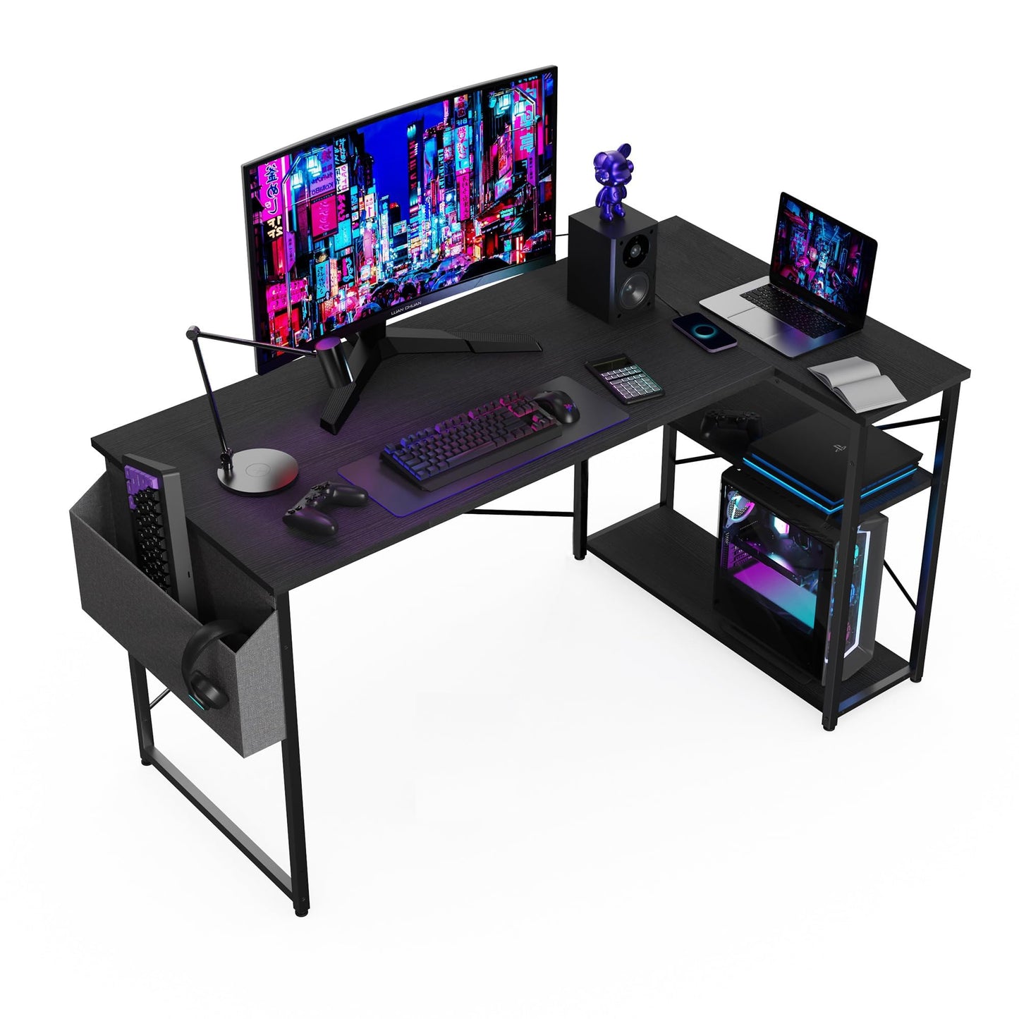 BEXEVUE L Shaped Gaming Desk, 100x70 cm Computer Desk with Storage Bag, Office Desk Small Writing Table with Large Reversible Storage Shelves,