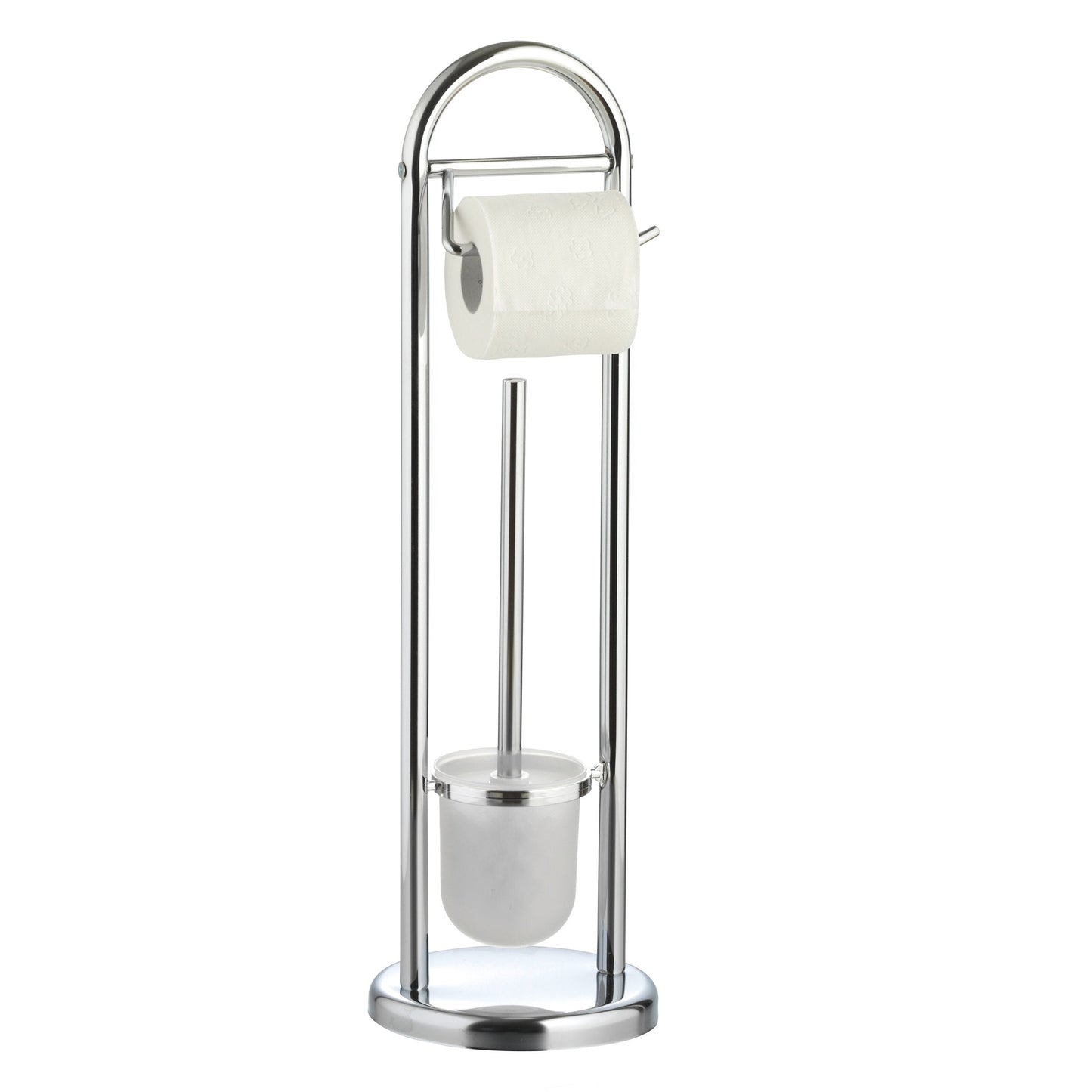axentia Marino Freestanding Toilet Roll and Brush Set, Chromed Steel Toilet Brush and Paper Roll Holder Set, Round Base Bathroom Stand