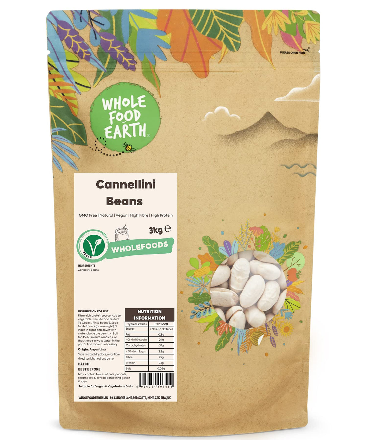 Wholefood Earth Cannellini Beans 3 kg | GMO Free | Natural | High Fibre | High Protein