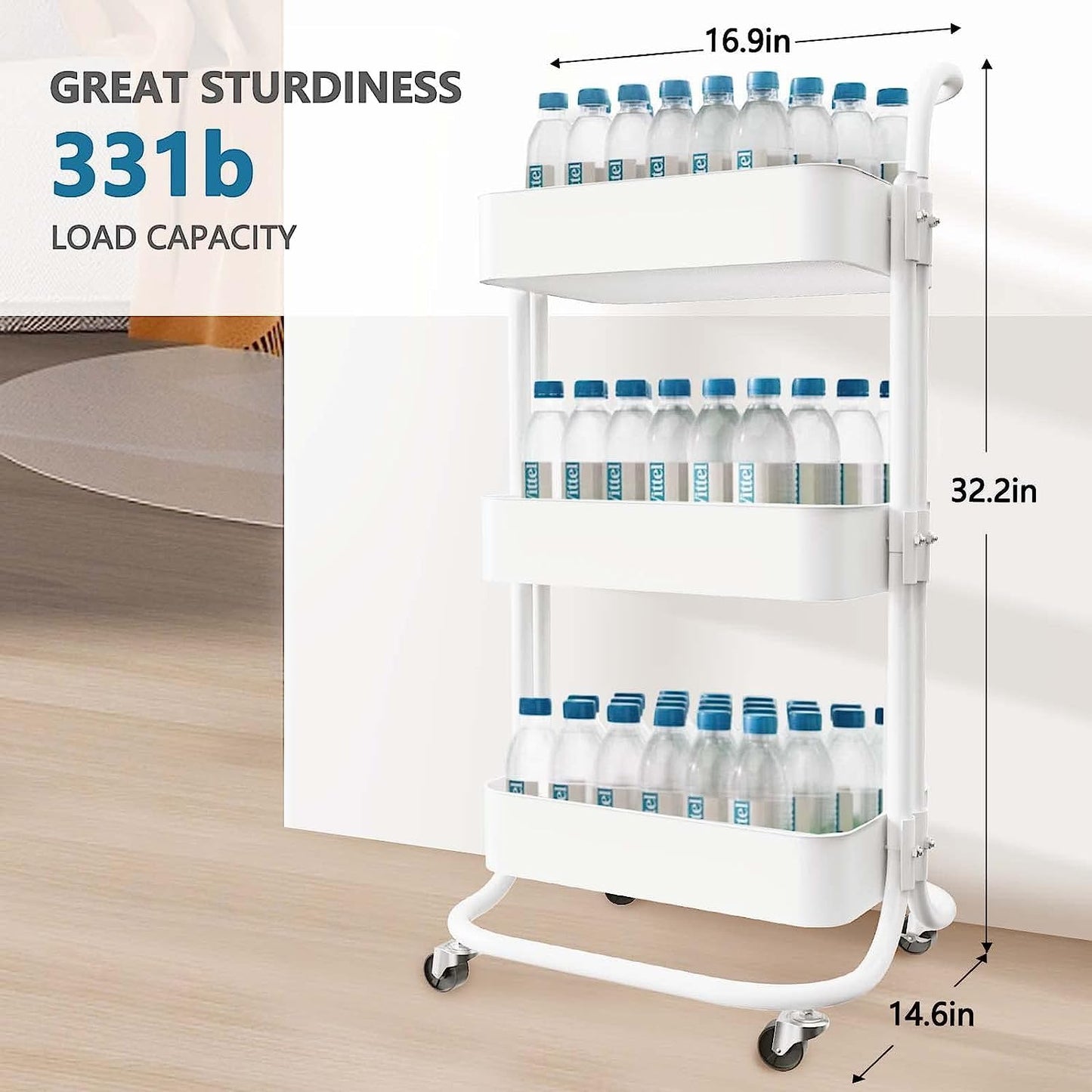 lamde 3-Tier Metal Rolling Utility Cart with Handle, Utility Organizer Cart-Multi-Functional Storage Trolley for Office, Living Room, Kitchen