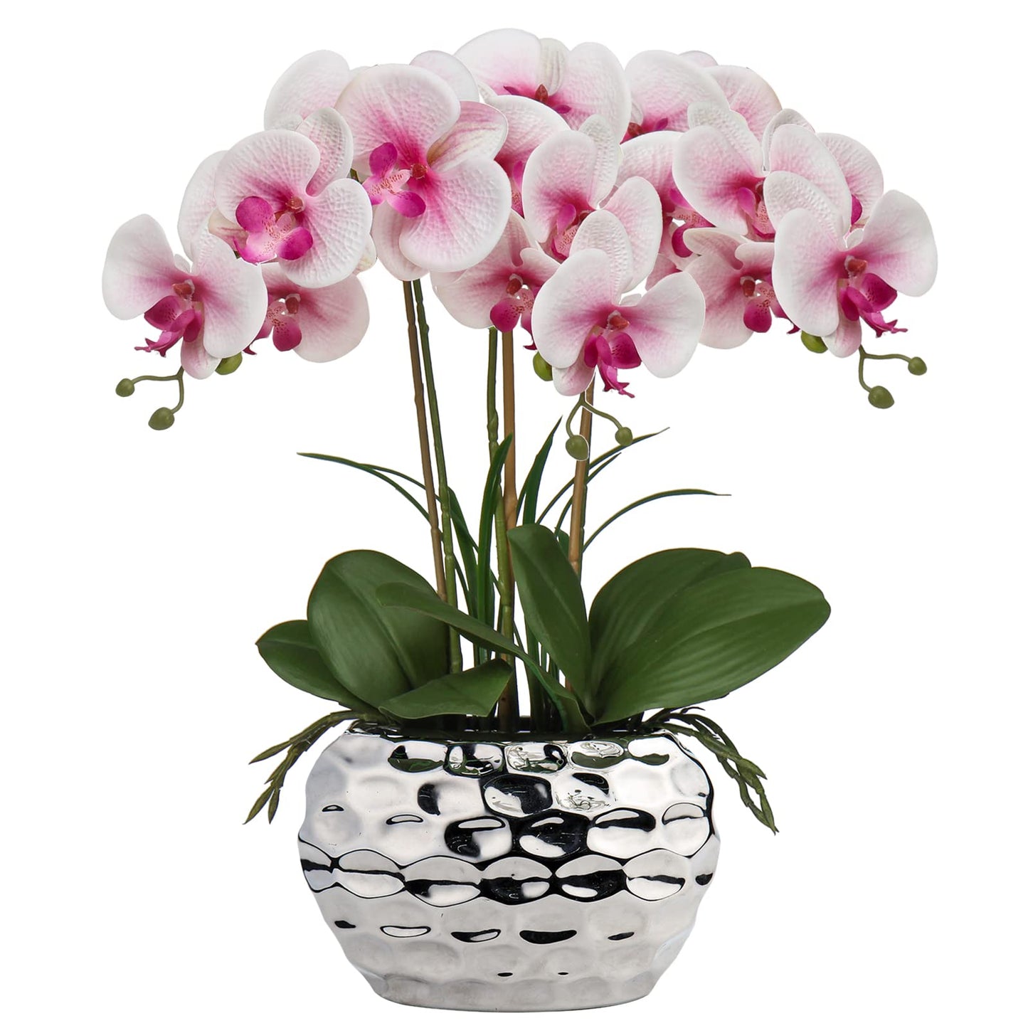 Briful 17" Artificial Orchid Phalaenopsis Flowers Decorative Orchid Bonsai Fake Flowers Real Touch Orchid Artificial Flowers with Silver Ceramic Pot