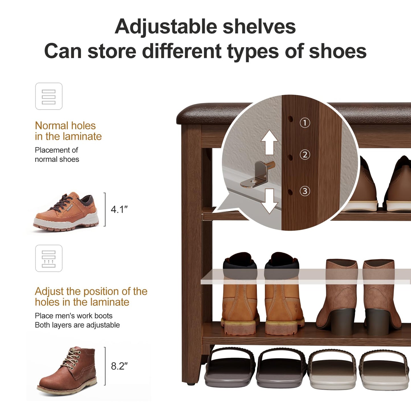 AQIMUELE Shoe Bench, Shoe Bench Storage with Seat, Wooden Shoe Rack 3-Tier, for Hallway, Entryway, Living Room, Bedroom, 100cm (Walnut)