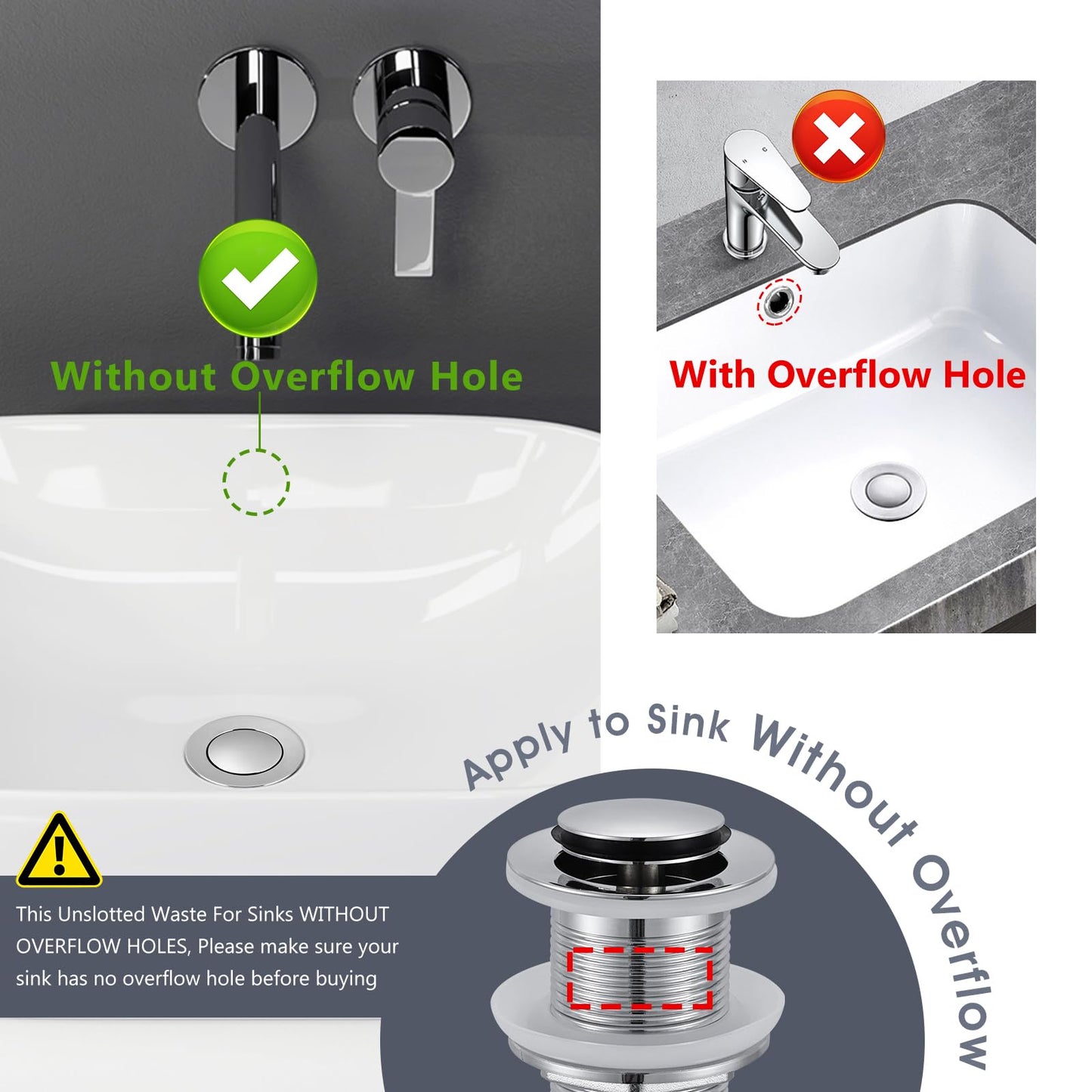 Peppermint Unslotted Basin Sink Pop Up Click Clack Waste Plug Without Overflow for Bathroom Sink, Brass Sprung Plug Waste, Chrome