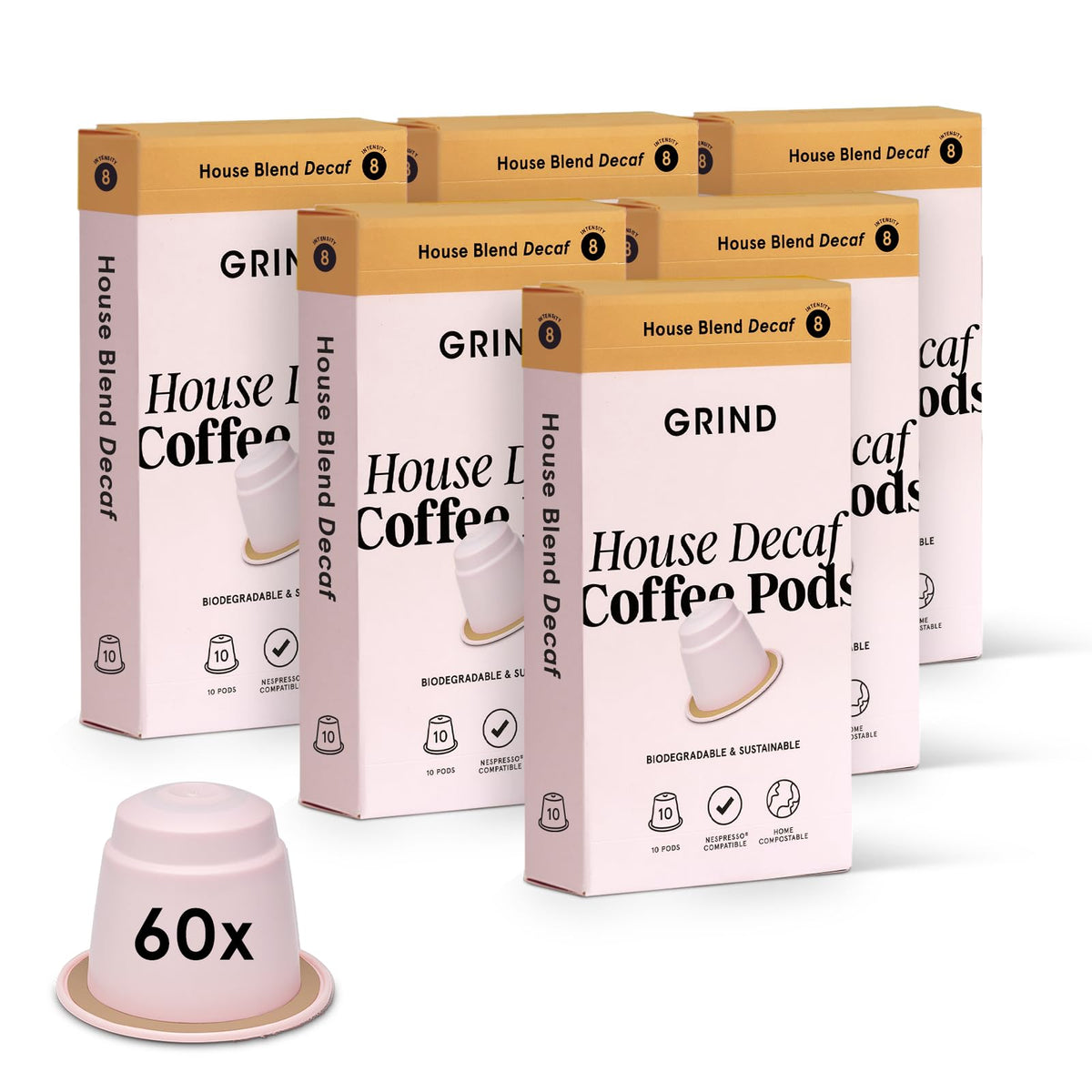 Grind Decaf House Coffee Pods ? Pack of 60 Biodegradable Capsules ? Naturally Decaffeinated ? Nespresso? Original Compatible ? Home Compostable ?