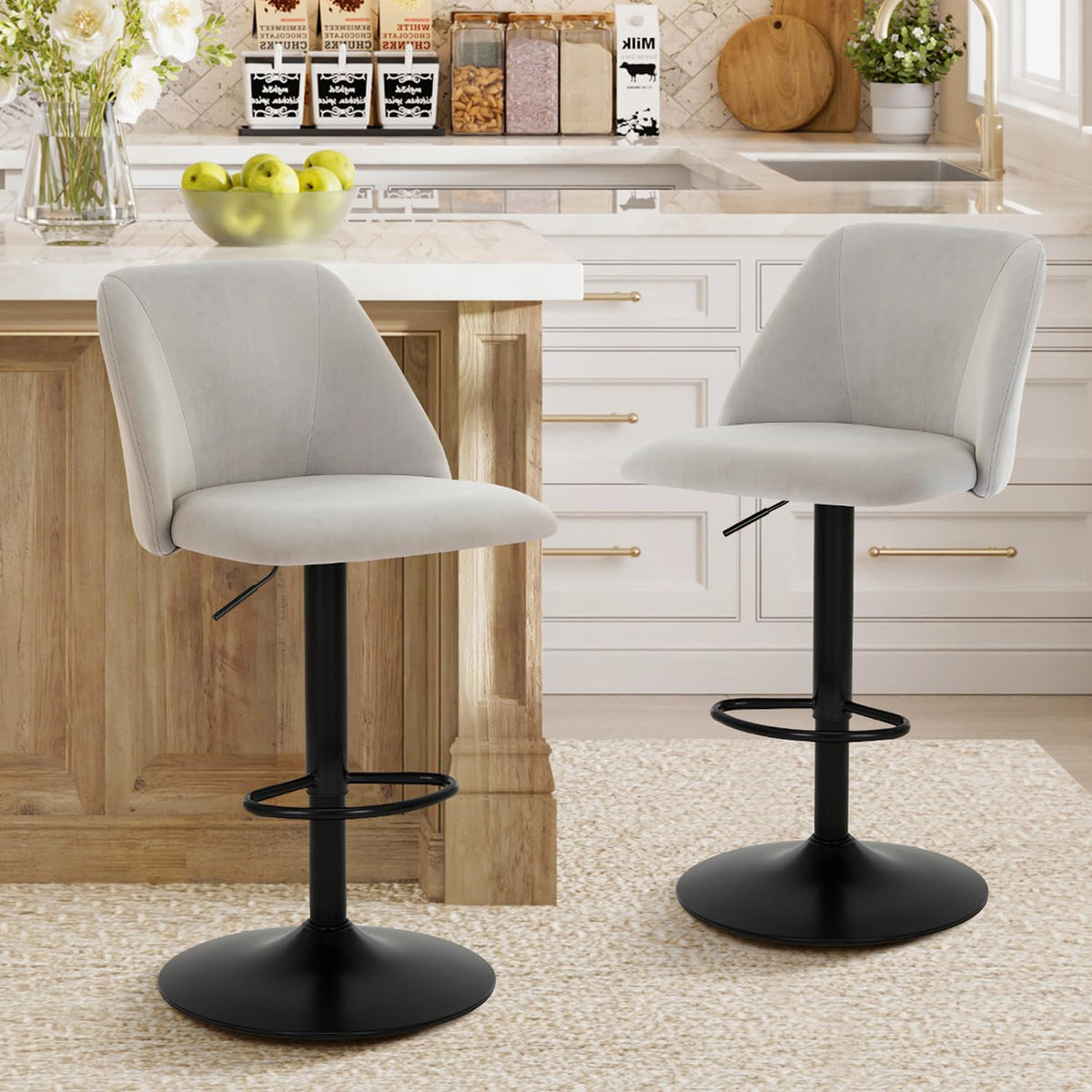 COLAMY Breakfast Bar Stools Set of 2, Modern Swivel Kitchen Stool, Adjustable Upholstered Barstools Counter Height with Square Open Back for Bar