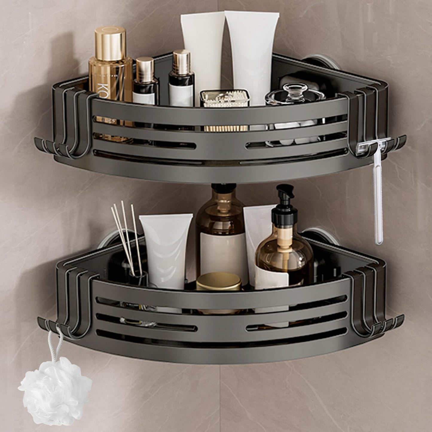 Lekesky Corner Shower Caddy Suction Cup, Corner Shower Shelf with Hooks, Bathroom Shelves No Drilling, Bathroom Organiser for Bathrooms Storage