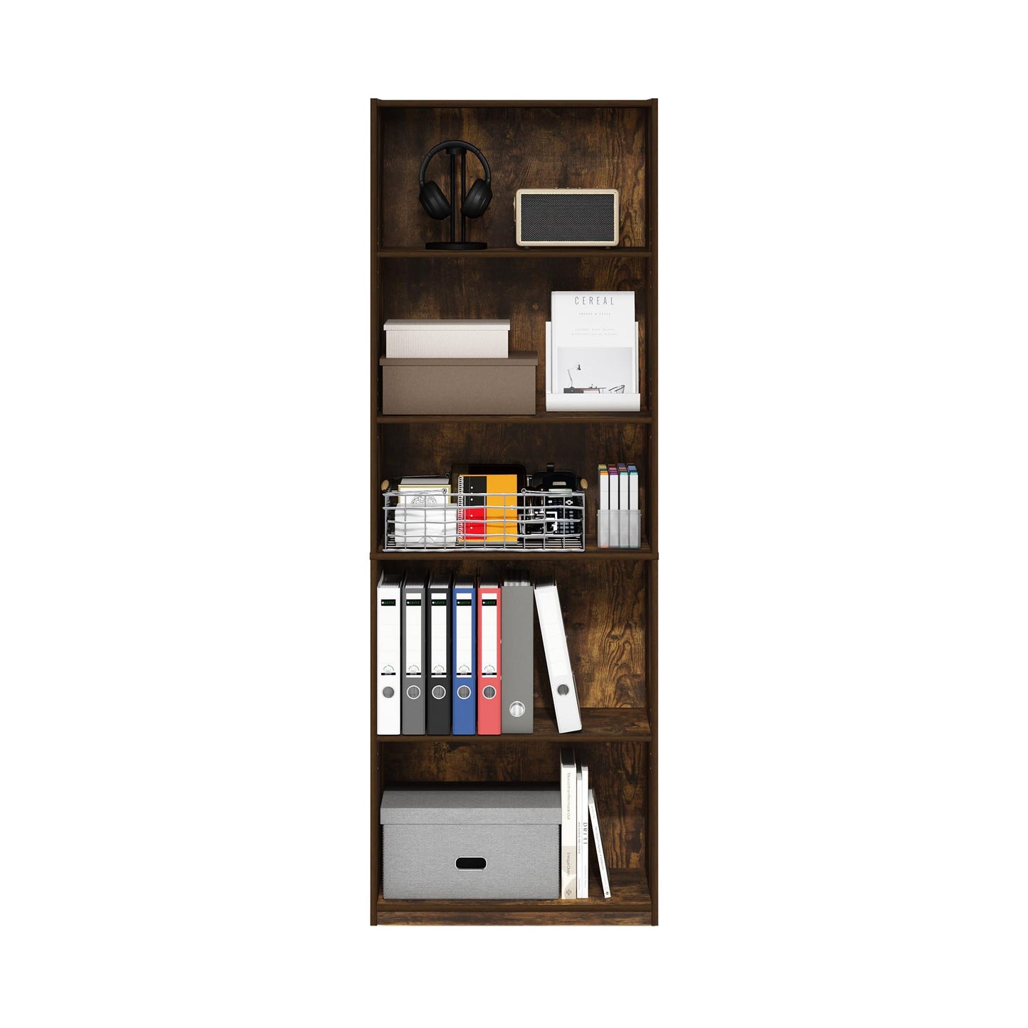 Furinno GEHRY Book Shelf, 5-Tier Bookshelf, Bookcase with Adjustable Shelves, 29.5 x 63 x 181.4 cm, for Living Room, Bedroom, Home Office, Amber Pine