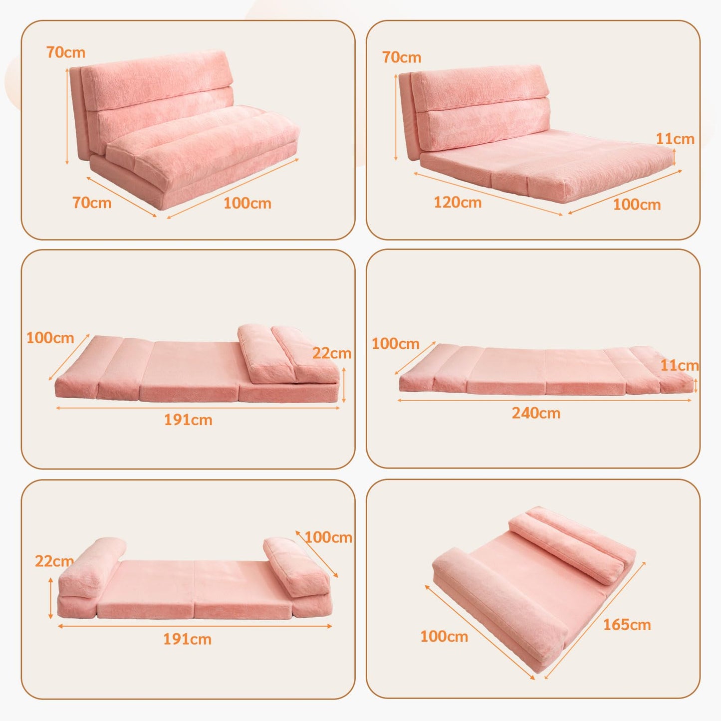 MAXYOYO Bean Bag Bed Folding Sofa Bed Mattress for Adults, Extra Thick 6 Fold Floor Couch for Bedroom Living Room, Pink, 100x240 cm