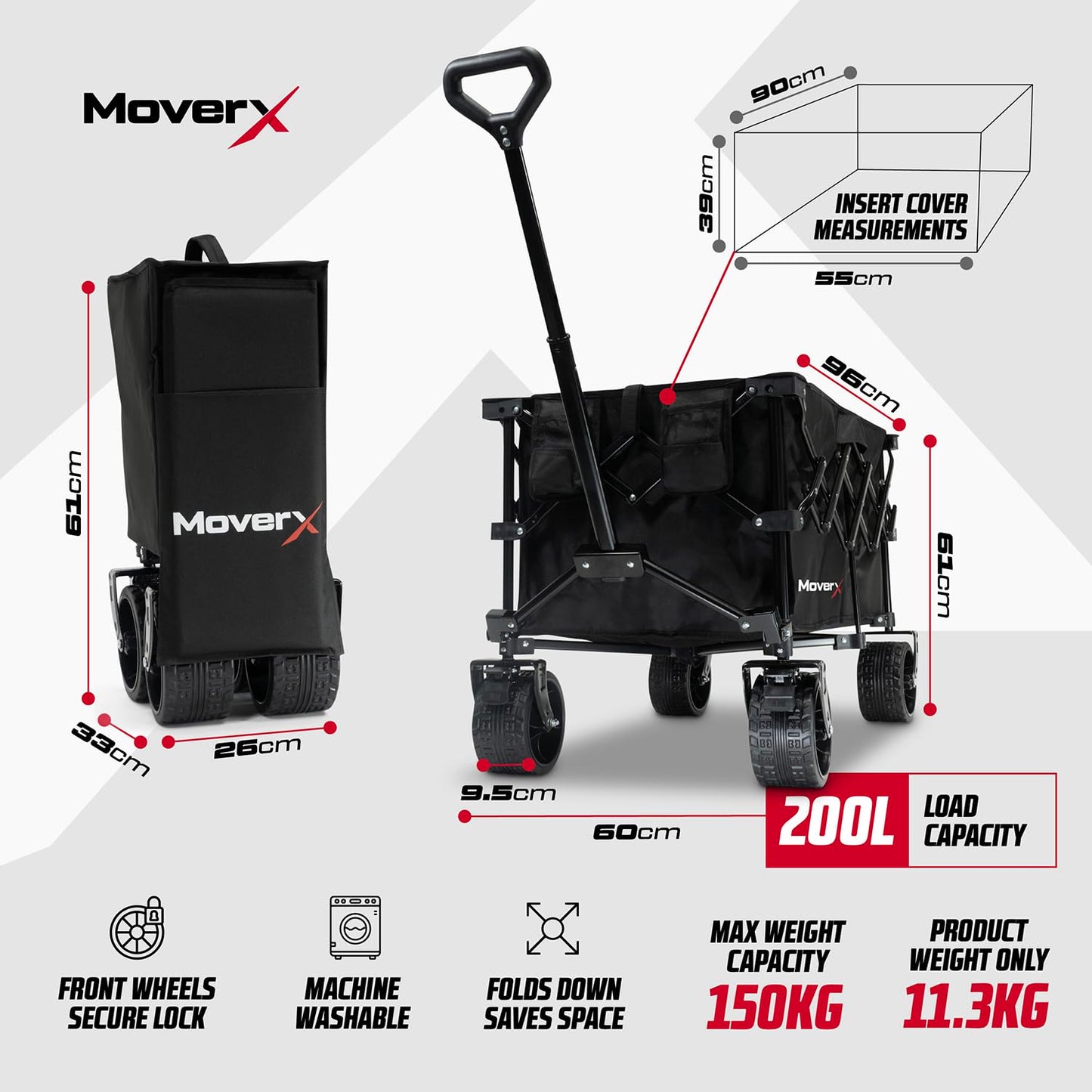MoverX 200L Festival Trolley on Wheels, Folding Wagon, Portable Camping Cart, Collapsible Foldable Trolly for Beach Outdoor Garden Picnic Shopping