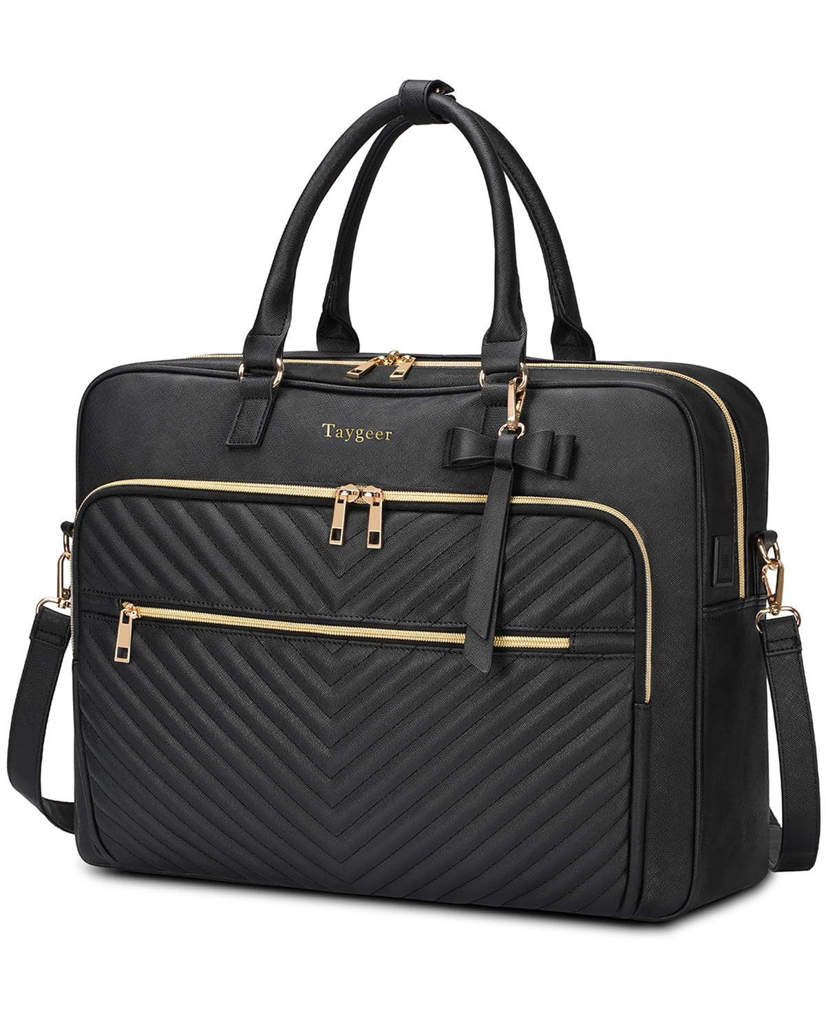 Taygeer Leather Laptop Bag, 17 Inch Large Quilted Laptop Tote Bag With USB, Convertible Briefcase for Women, Water Resistant Leather Handbag, With a