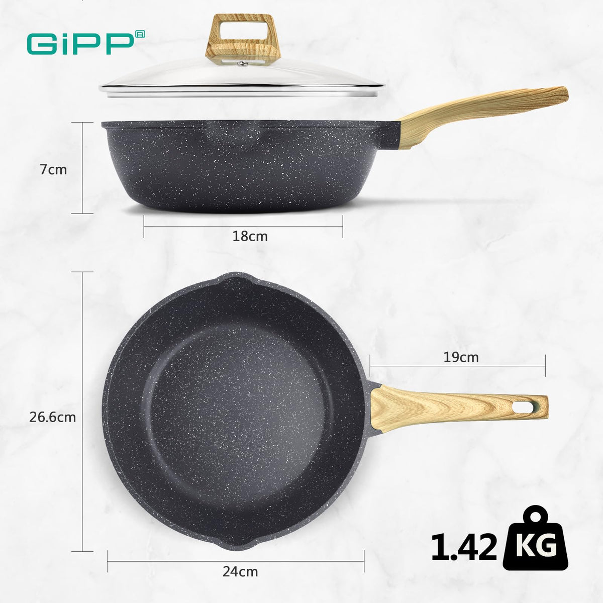 GiPP Nonstick Deep Frying Pan - 2.6L Grey Granite Saute Pan with Lid, Pour Spout and Stay-Cool Handle, Non Stick Skillet Non Toxic Cooking Pan
