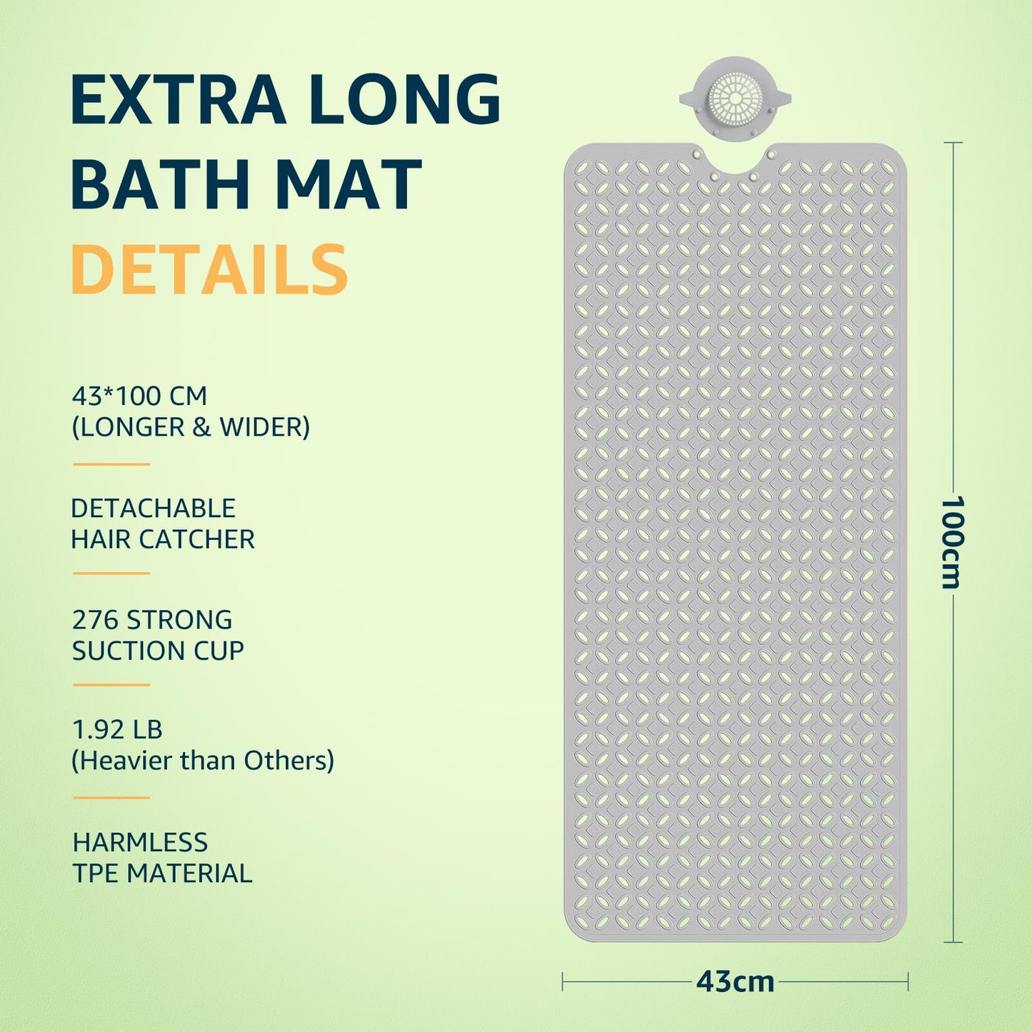Yolife Bath Mat for Tub Non Slip: 43 X 100 cm Long Bathtub Mat with Hair Catcher│Big Drain Holes Shower Mats for Inside Shower│Machine Washable (Grey)
