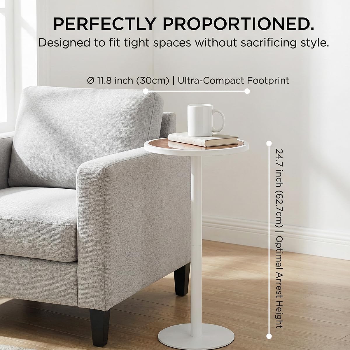 ZEXVIDA White Drink Table with Amber Glass Top, Indoor Outdoor Small Round Side Table, 24.7" Metal Pedestal End Table for Living Room, Patio, Sunroom
