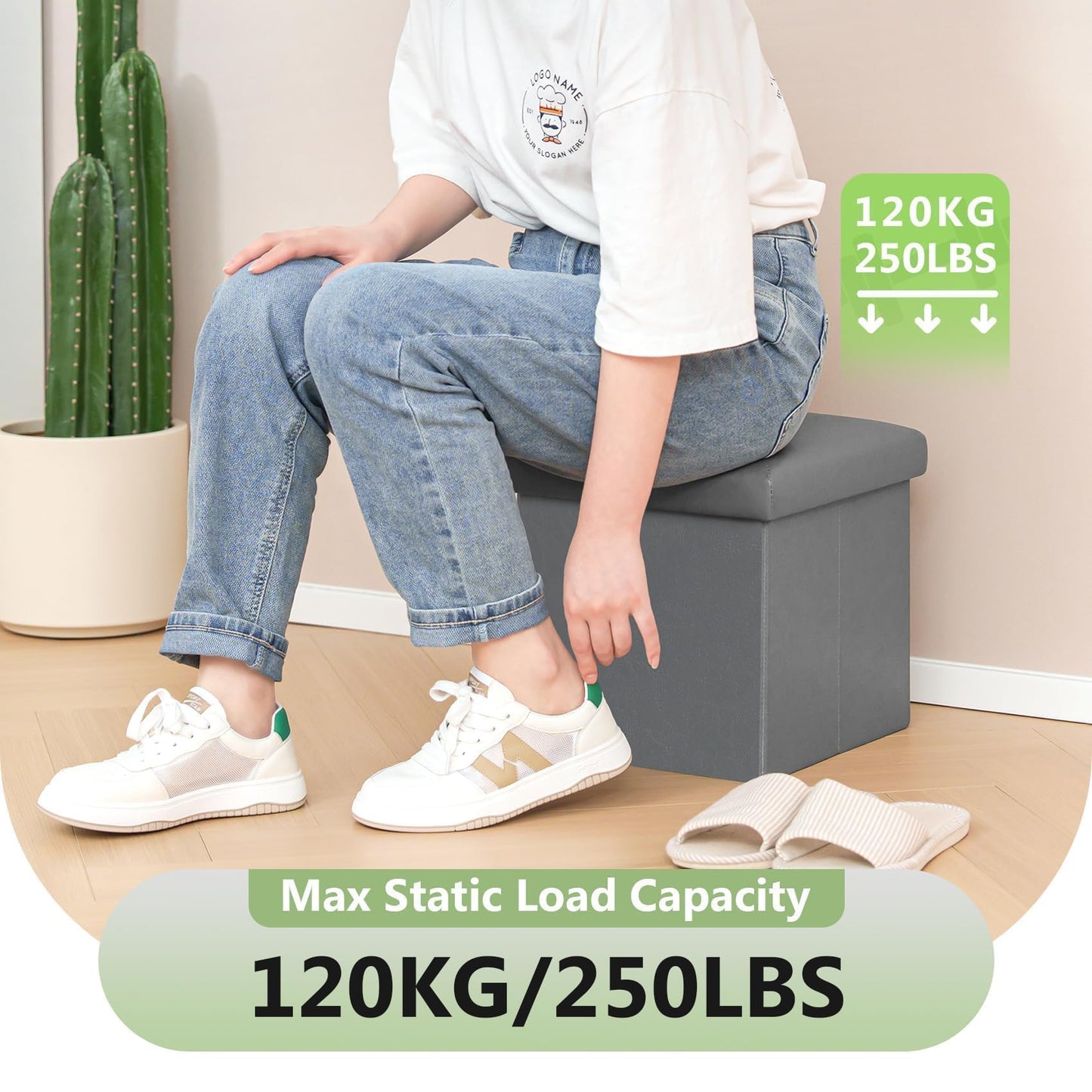 Bonlife Small Folding Ottoman Storage Box Seat,Kids Foldable Toy Chest with Lid,Faux Leather Cube Footstool for Living Room Light Grey,30x30x30cm