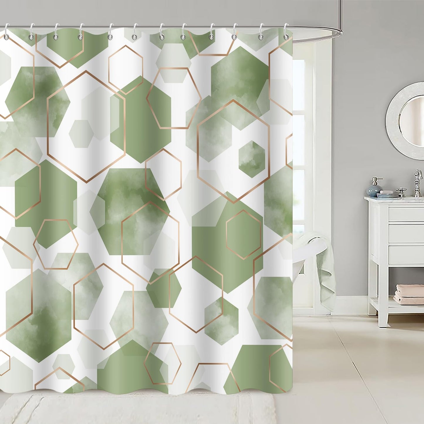 GCIREC Shower Curtain, 180x200cm, Green Modern Abstract Art Watercolor Geometric Grid Waterproof Fabric Machine Washable Bathroom Curtain with Hooks