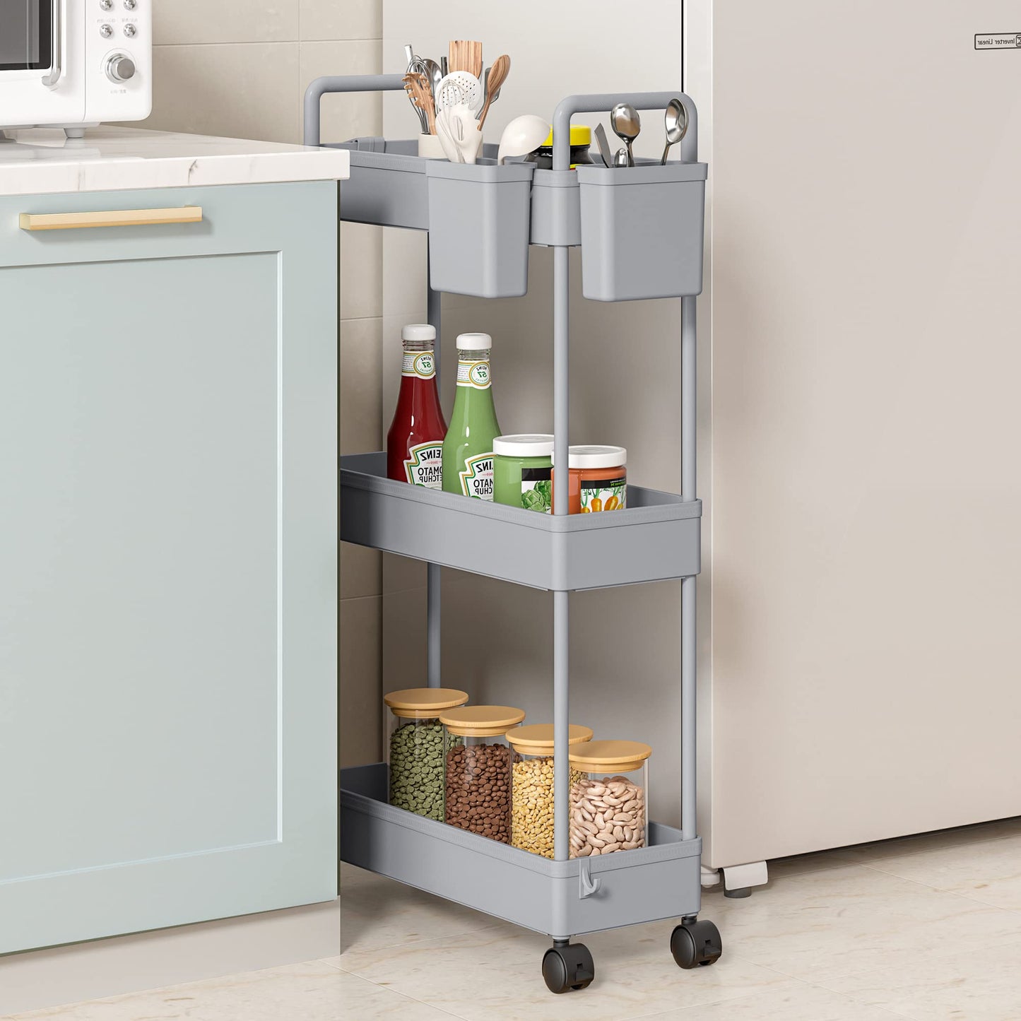 SOLEJAZZ 3-Tier Storage Trolley Cart Slide-out Slim Rolling Utility Cart Mobile Storage Shelving Organizer for Kitchen, Bathroom, Laundry Room