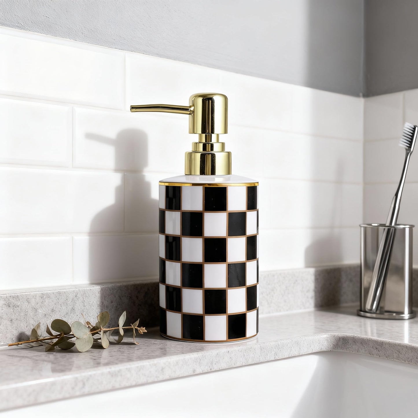 Checkered Bathroom Soap Dispenser,Gold Pump Ceramic Soap Dispenser,Kitchen Checkerboard Empty Pump Bottle,Bath Countertop Storage Organizer,Checkered