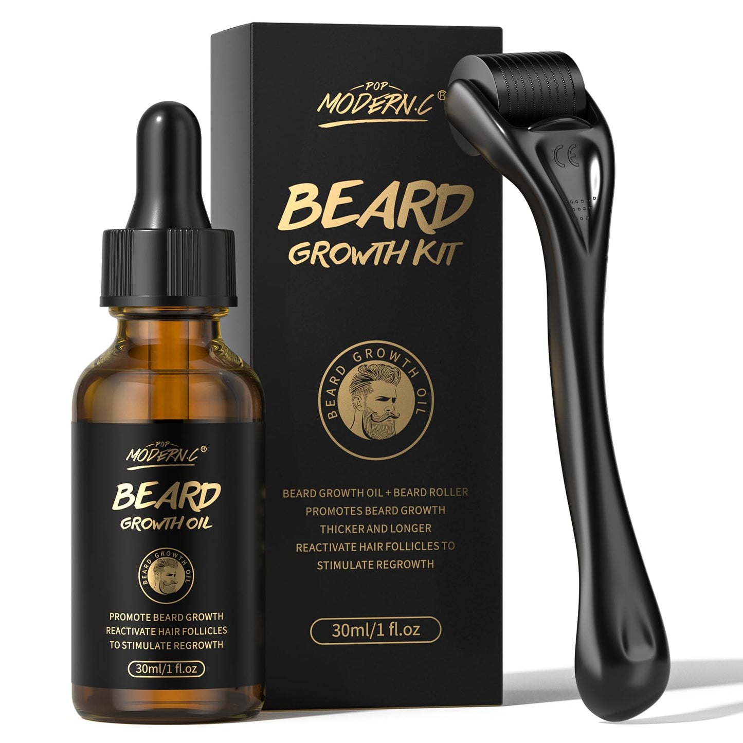 Beard Growth Kit - Biotin Beard Growth Oil with Roller for Promote Hair Regrowth - Beard Serum for Facial Hair Treatment Masculine Thick, Rapid Growth