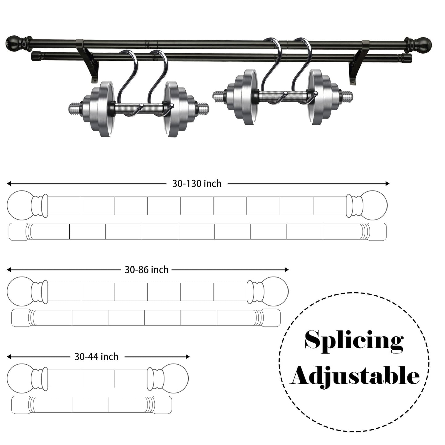 Harrms Double Curtain Pole for Eyelet Curtains - Black, Extendable Metal Rod 76-368cm - Room Darkening for Blackout and Voile Curtains