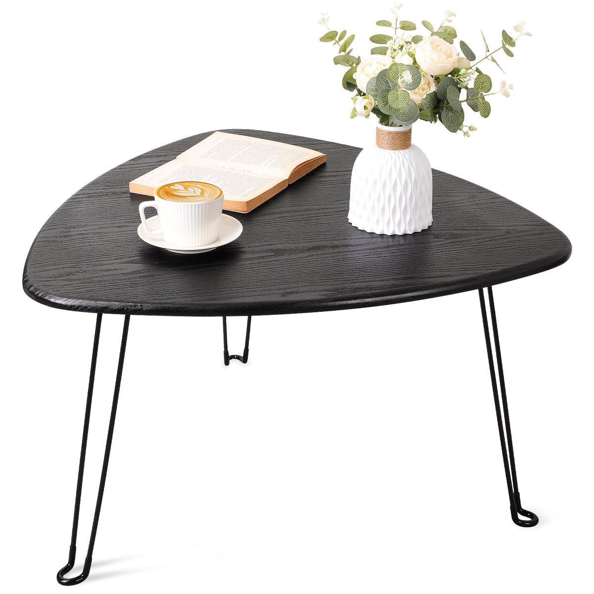 FEUFOAM Black Folding Coffee Table Small Oval Coffee Tables Wooden Triangle Floor Desk for Sitting on the Floor Mid Century Modern Center Sofa Table