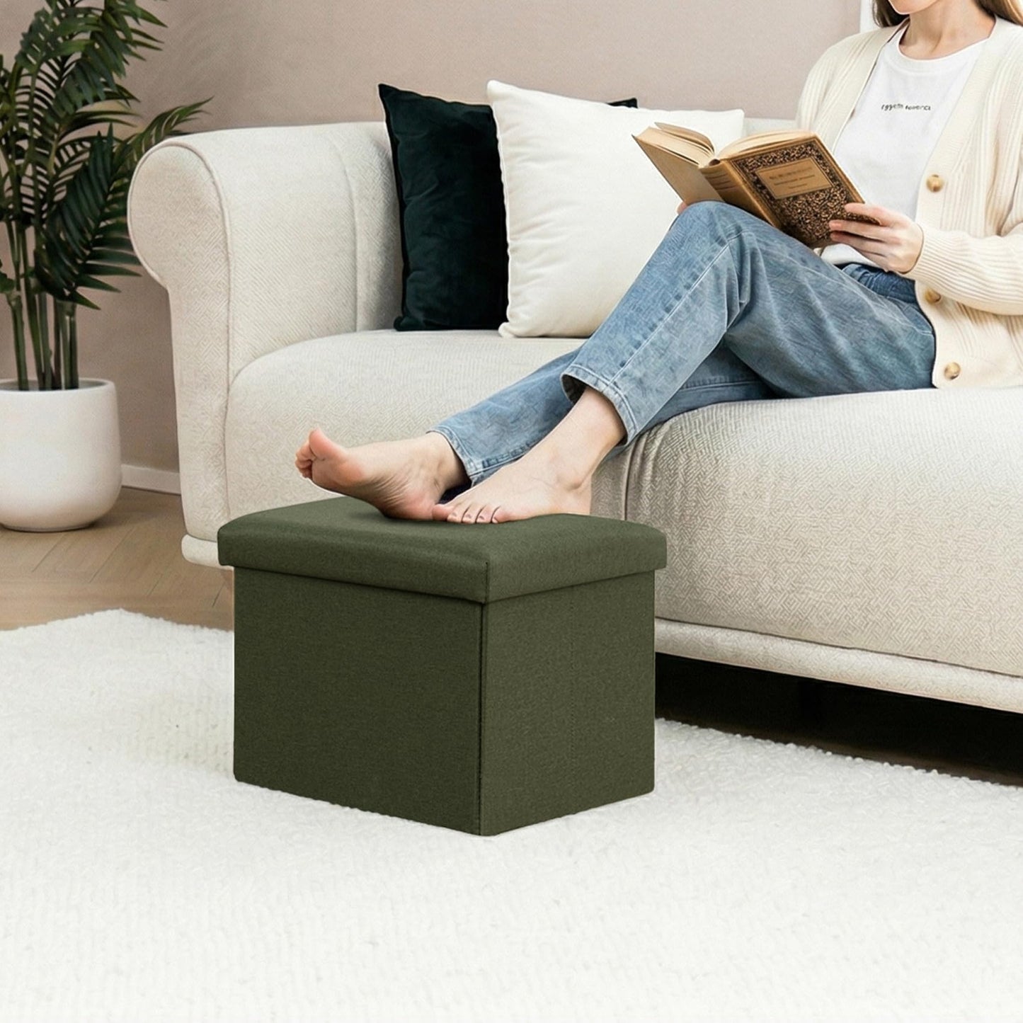 PINPLUS Folding Storage Box Ottoman, Linen Small Footstool, Olive Green