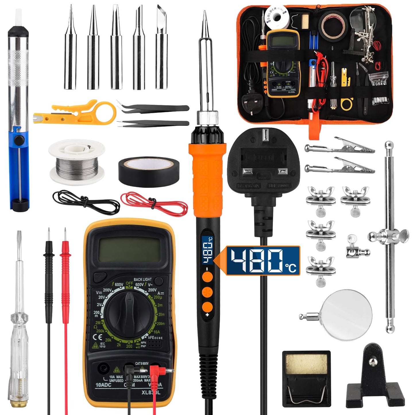 Soldering Iron Kit 90W with LCD Adjustable Temperature 180-480?C Fast Heating Ceramic Core, 19 Piece Soldering Kit with 5 Tips, Desoldering Pump,