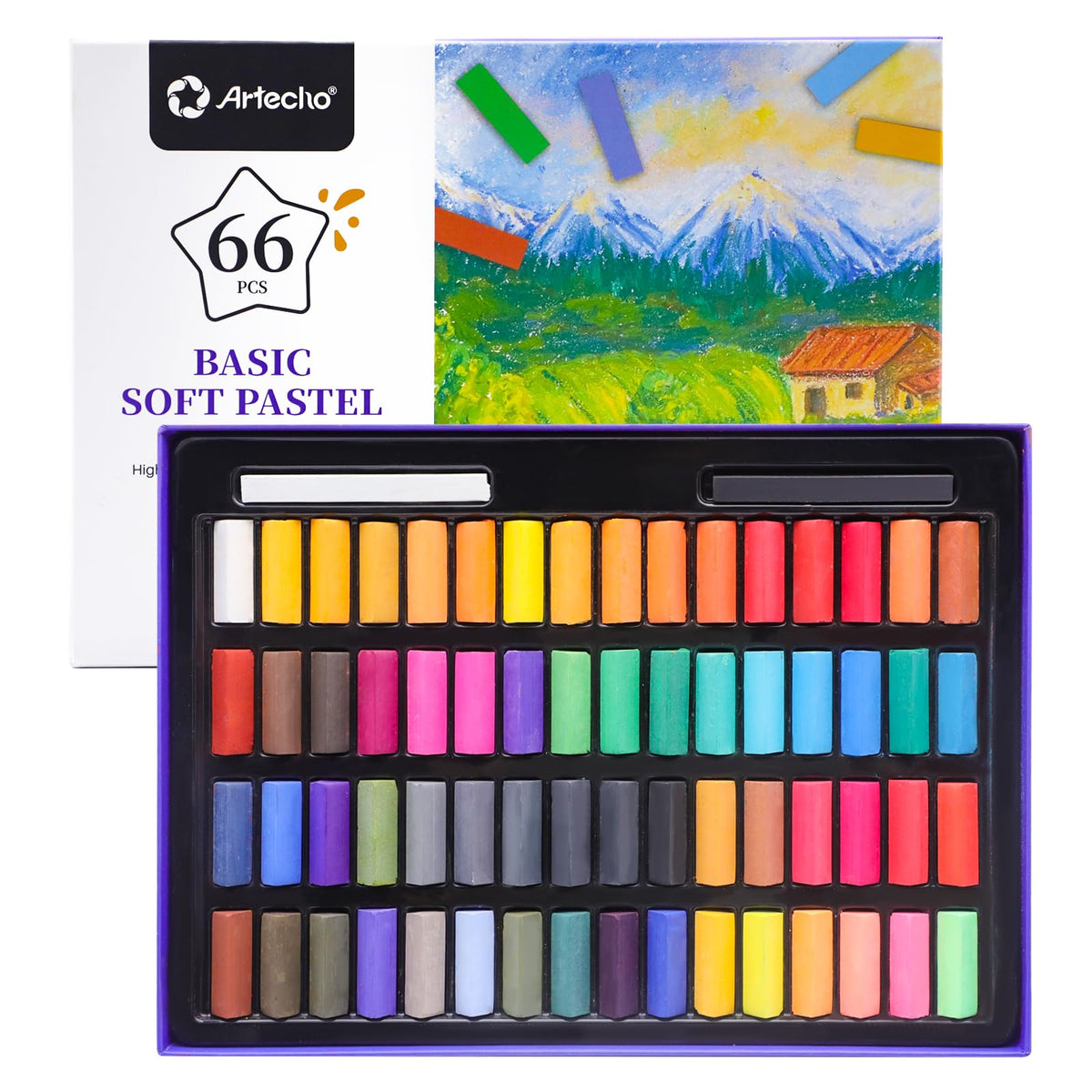 Artecho Soft Pastel Set of 66, 64 Colours Including Extra Black & White, Premium Square Chalk for Drawing, Blending, Layering, Shading, Art Supplies