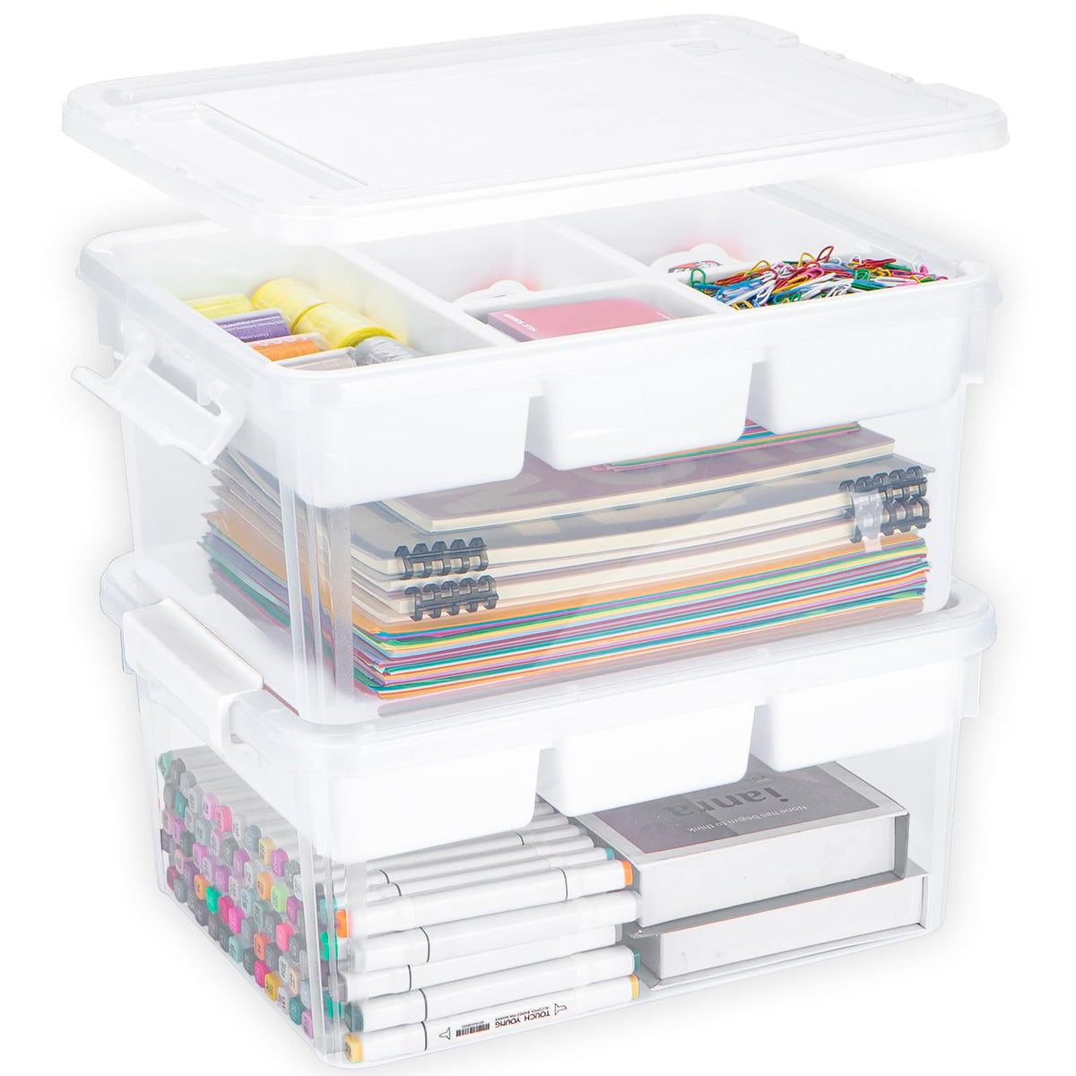 Creahaus 2Pack 16L Organizers and Storage Box with Removable Tray, Durable Plastic Containers with Lids and Latching Buckles, Stackable Art & Craft