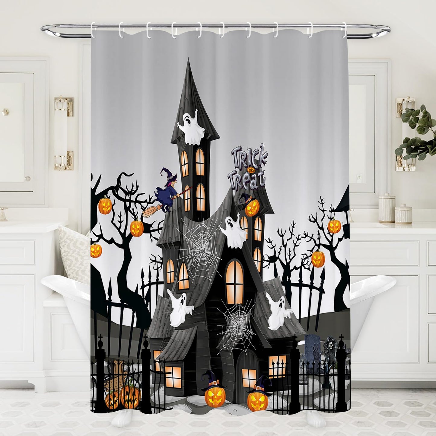 Abaysto Halloween Shower Curtain for Bathroom, Thriller House Spider Web Pumpkin Bath Room Curtain