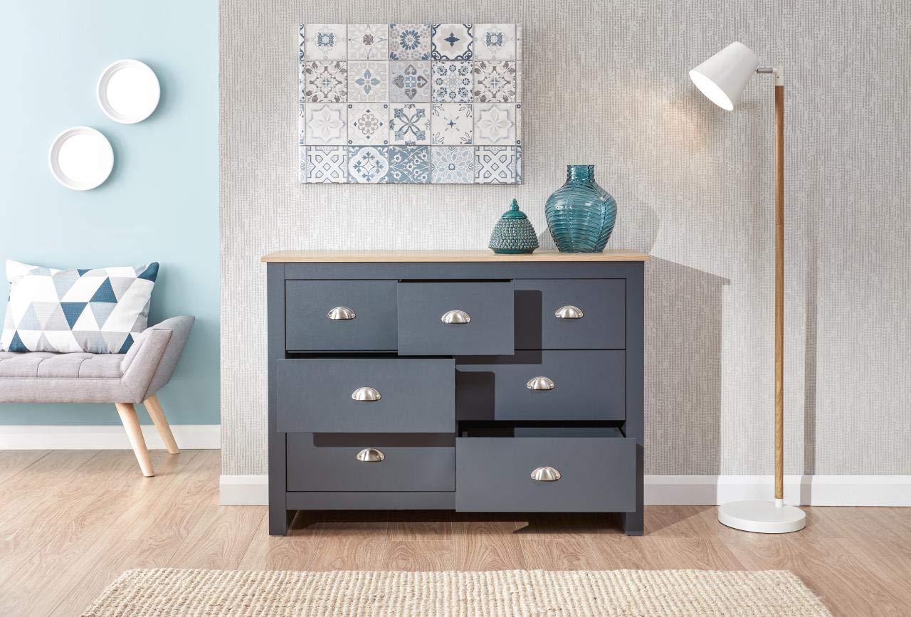 GFW Lancaster Slate Blue and Oak 7 Drawer Merchant Chest of Drawers, Country Style Bedroom Storage Unit with Oak Effect Top