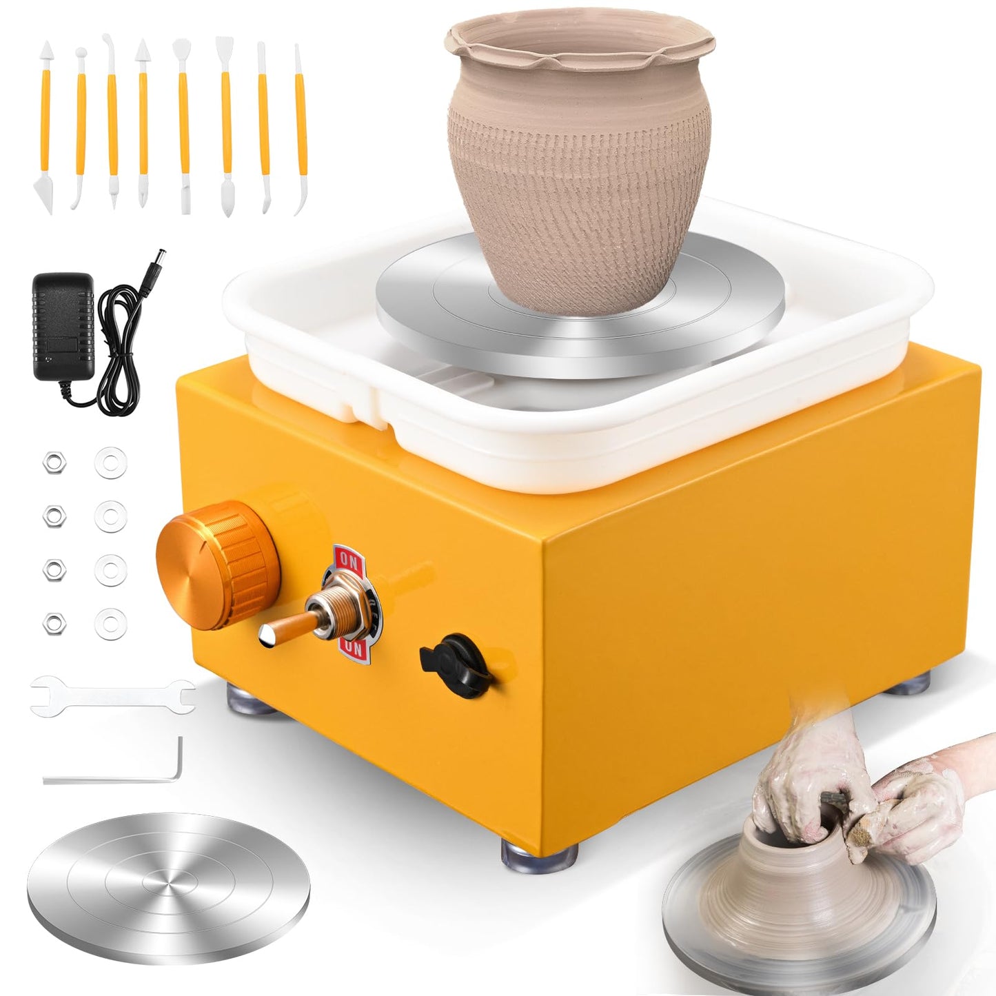 Pottery Wheel, Helangel Mini Pottery Wheel with Strong Motor 2000RPM Adjustable Speed, Potters Wheel with 10/6.5cm Plates and Sculpting Tools, Ceramic