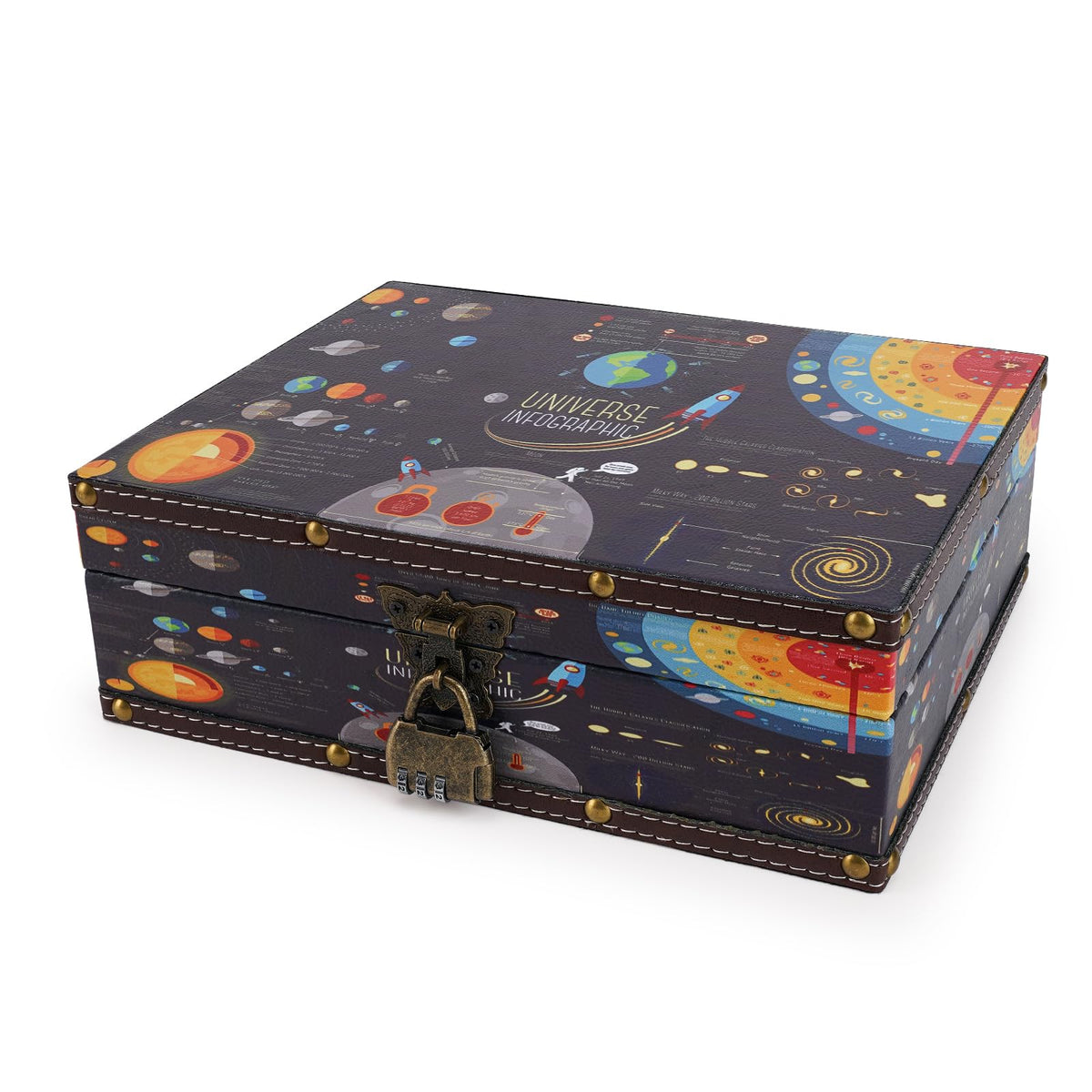 Wood and Leather Treasure Chest with Lid and Lock-Decorative Jewelry Keepsake Storage Box for Kids