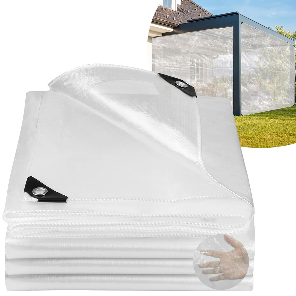 Honsaifau Clear Tarpaulin Waterproof Heavy-Duty: 3m x 5m UV Resistant 130GSM PE Sheet with Reinforced Grommets for Garden Greenhouse Outdoor Furniture
