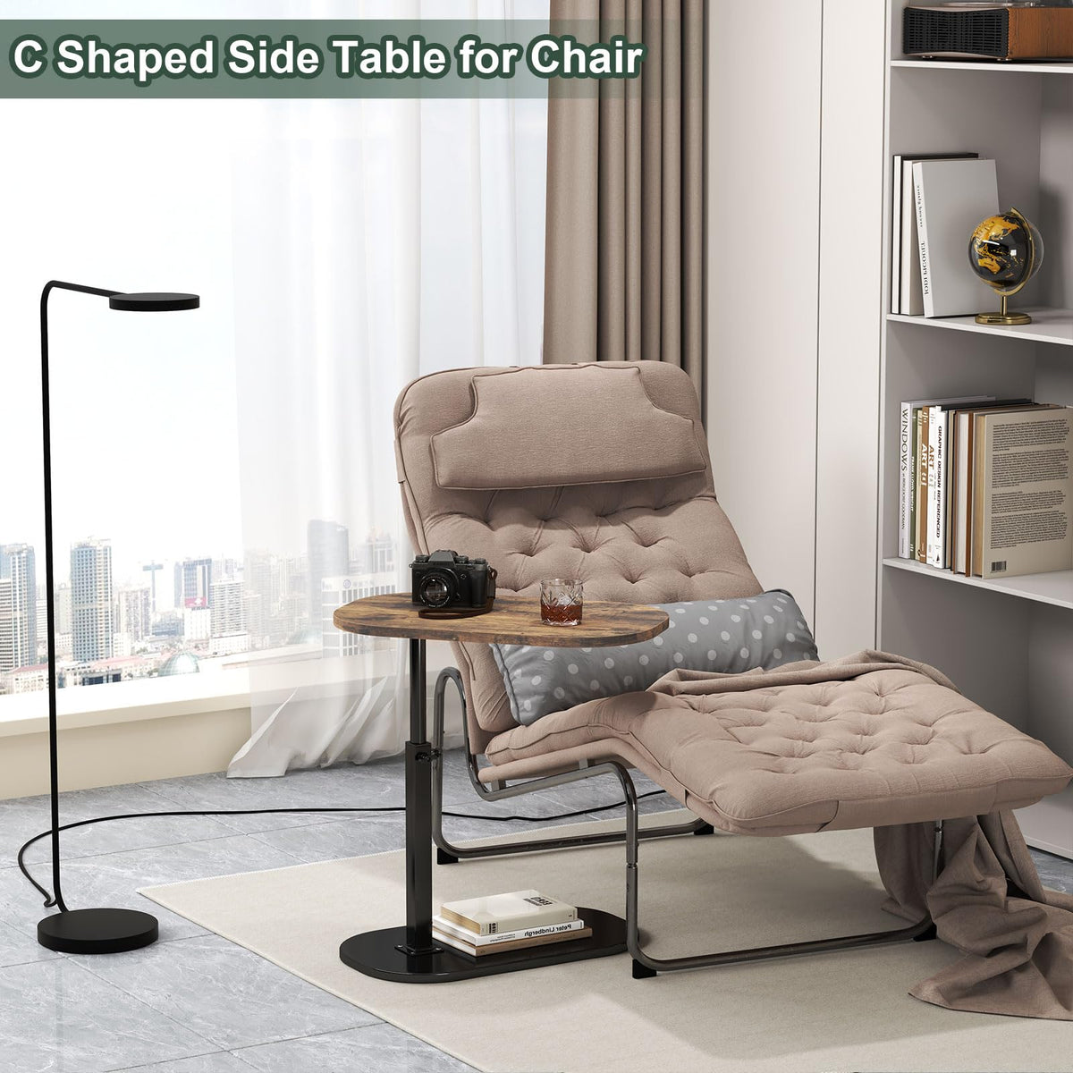 C Shaped Side Table Adjustable Height, 360°Swivel Sofa Side Table That Slide Under, Small Coffee End Table for Couch and Bedside