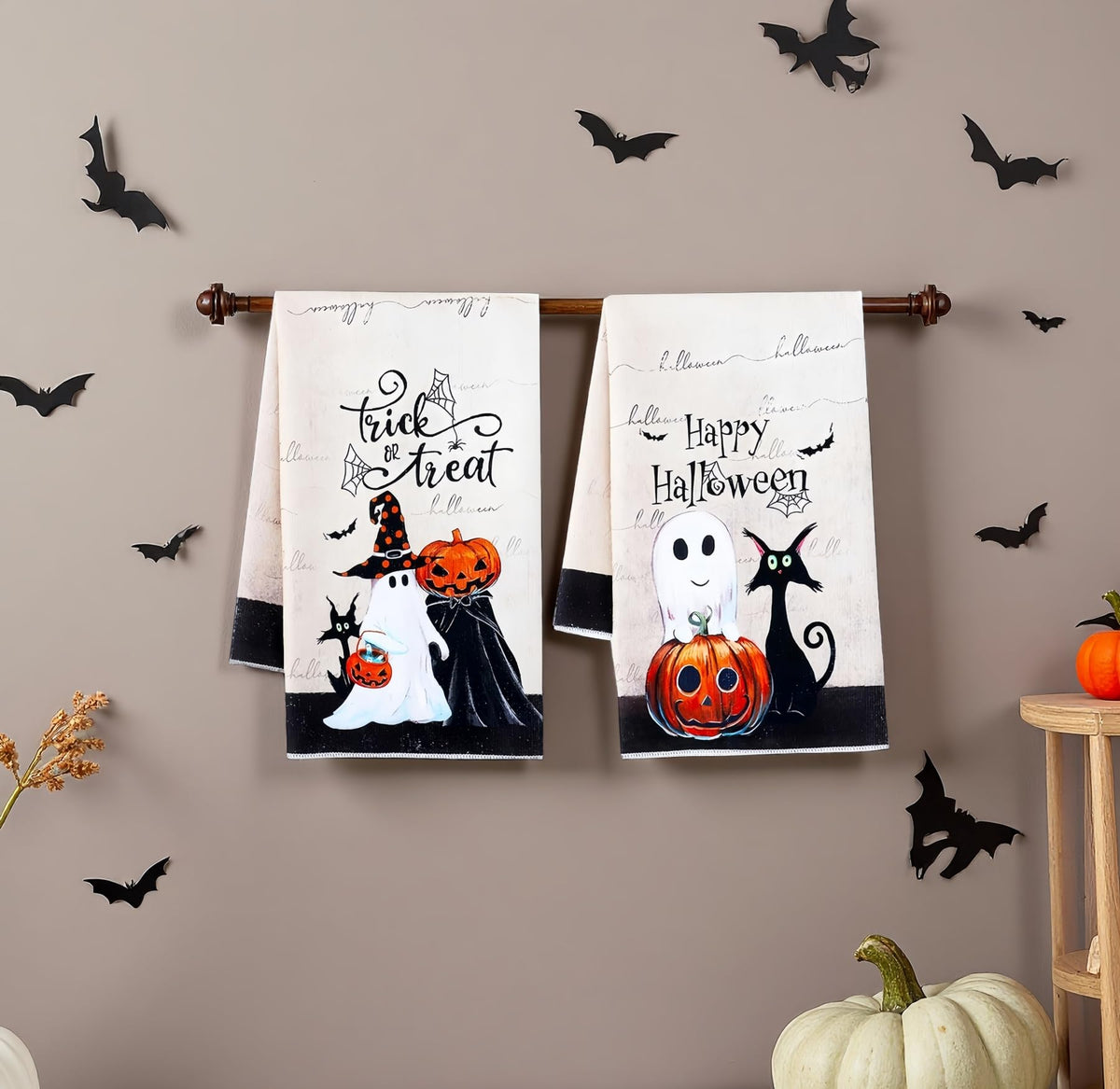Dmnnlp 2 Pcs Halloween Kitchen Dish Towel, 45x70cm Pumpkin Ghost Black Cat Halloween Tea Towels Washcloths Cleaning Cloths
